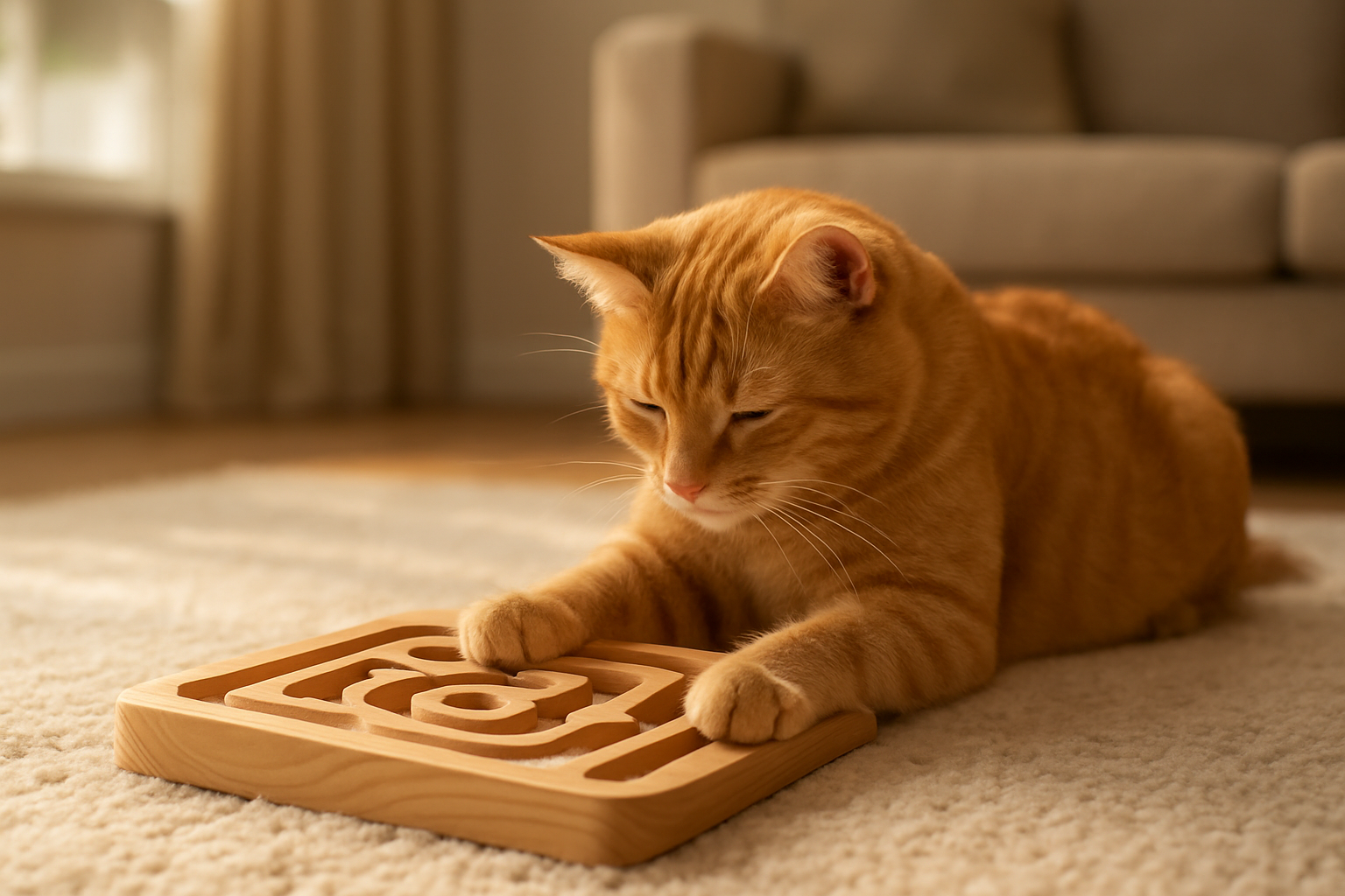 Create a realistic image of a calm orange tabby cat peacefully playing with a wooden maze toy in a cozy living room setting, the cat gently pawing at the toy while lying on a soft cream-colored rug, warm natural lighting filtering through a nearby window creating a serene atmosphere, with comfortable furniture blurred in the background, the wooden maze toy featuring natural wood grain and smooth rounded edges, the overall scene conveying tranquility and relaxation, absolutely NO text should be in the scene.