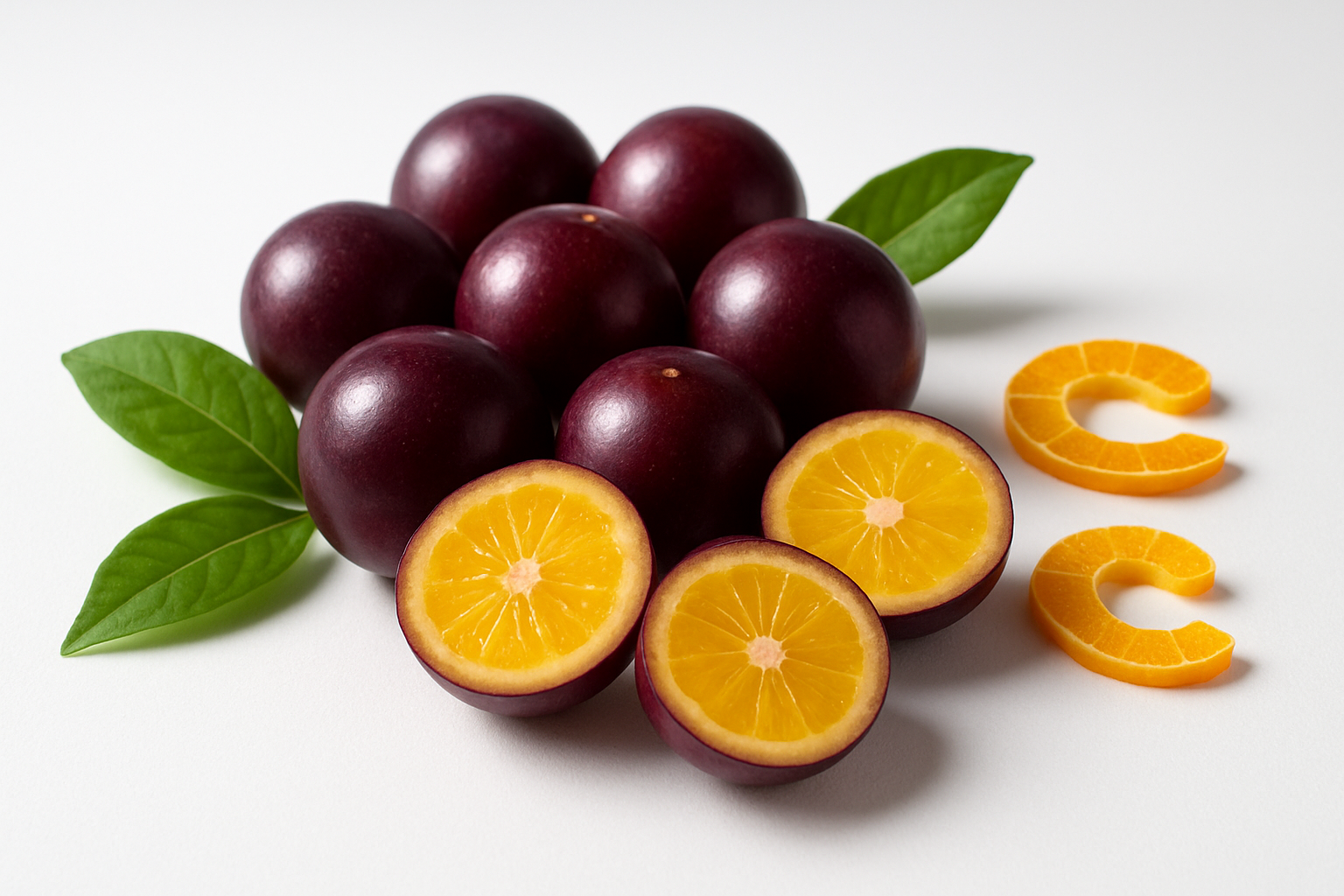 Create a realistic image of vibrant purple camu camu fruits arranged artistically on a clean white surface, with some fruits cut in half to show the bright yellow-orange flesh inside, surrounded by subtle health and wellness elements like fresh green leaves, vitamin C symbols made from small citrus slices, and soft natural lighting that creates a fresh, energetic mood suggesting vitality and nutrition, with a clean minimalist background that emphasizes the superfruit's natural beauty and health benefits, absolutely NO text should be in the scene.