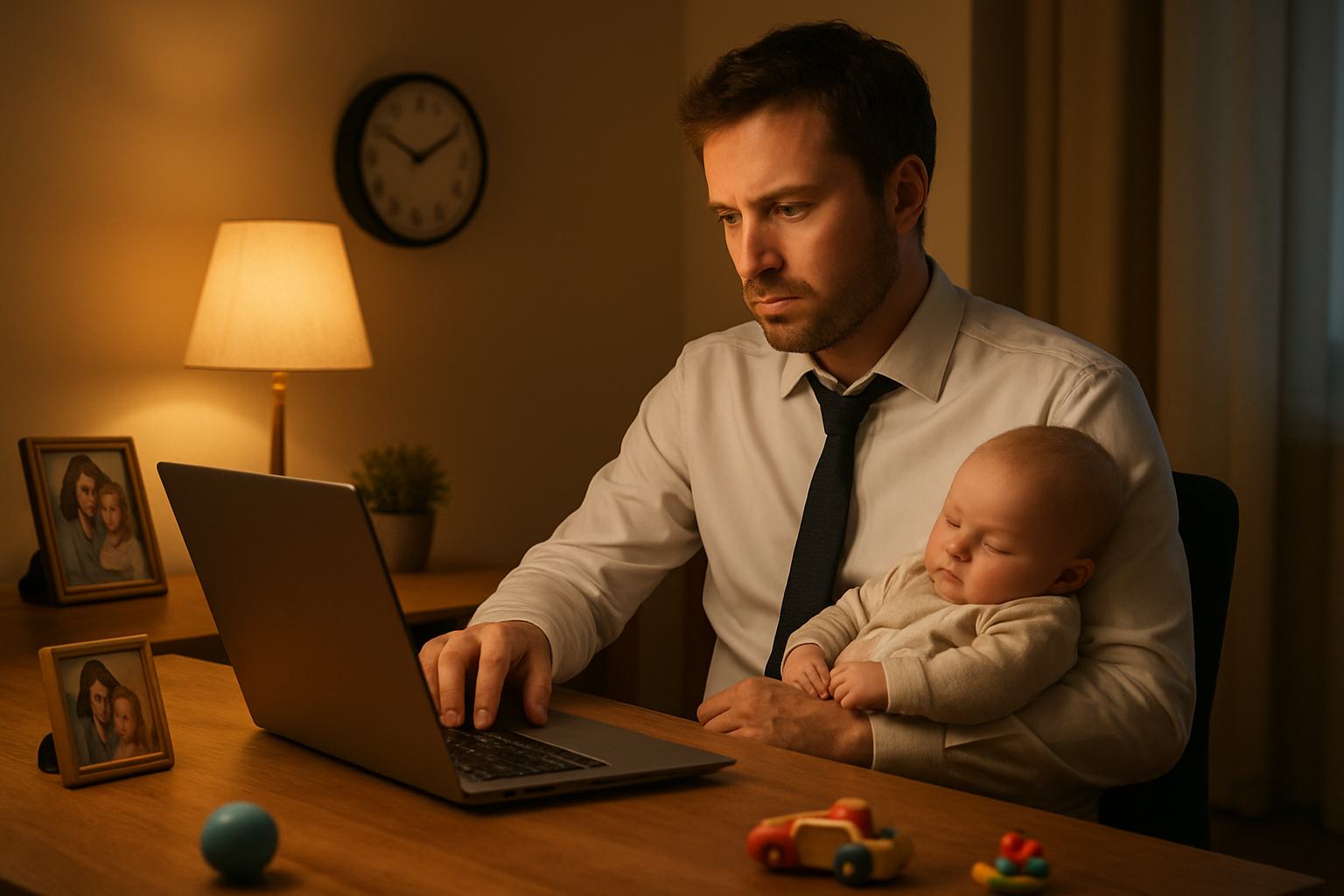 Create a realistic image of a white male father in business attire sitting at a home office desk with a laptop open, while simultaneously holding a baby in one arm, with family photos on the desk, a clock showing late evening hours on the wall, warm ambient lighting from a desk lamp, and children's toys scattered nearby on the floor, conveying the challenge of balancing professional responsibilities with new parenthood, absolutely NO text should be in the scene.