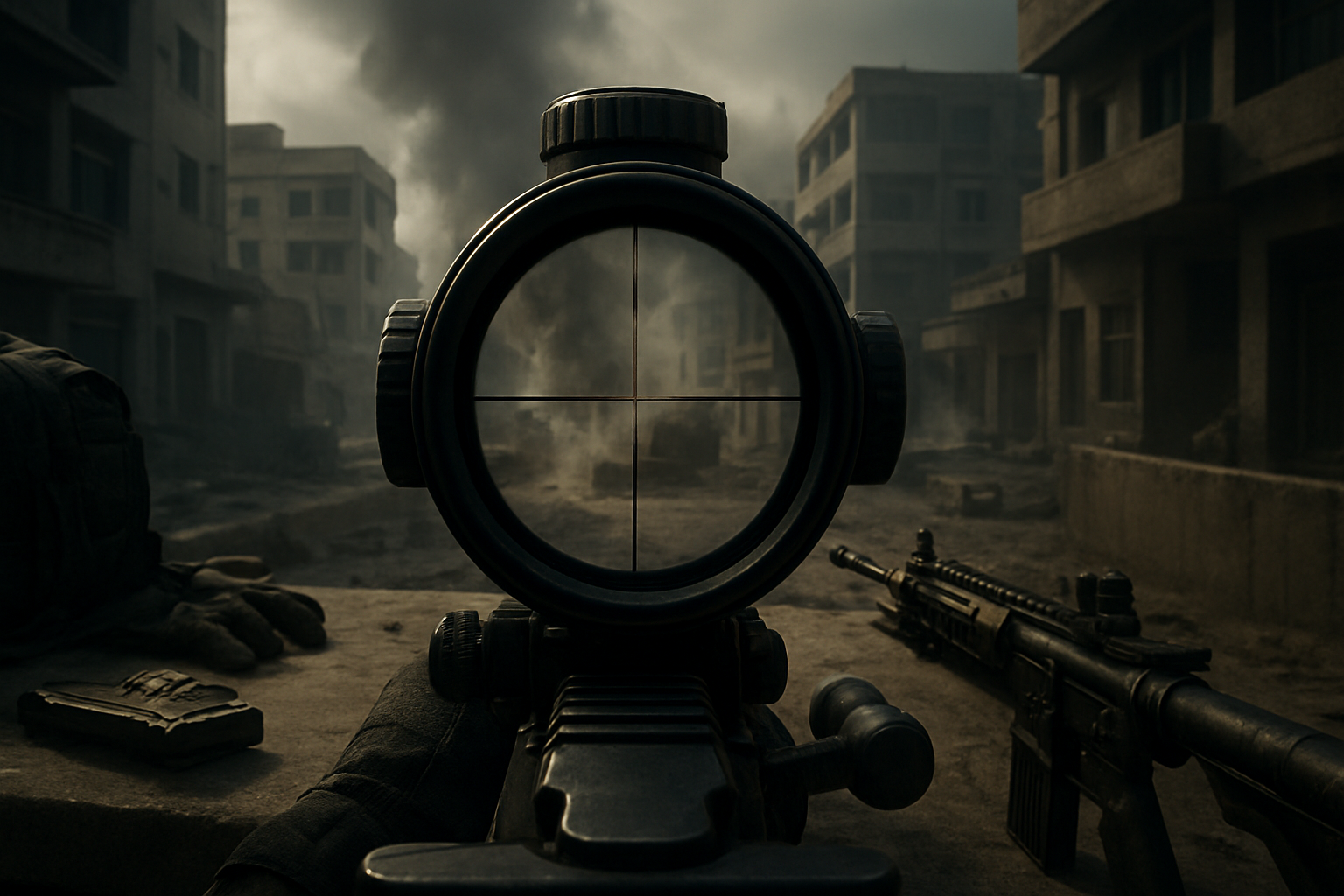 Create a realistic image of a first-person tactical shooter game scene showing a detailed weapon scope view overlooking a realistic urban battlefield with modern buildings, tactical equipment scattered on surfaces, professional military-grade weaponry in the foreground, dramatic lighting with realistic shadows and reflections, high-quality textures and detailed environmental elements that demonstrate AAA production value, moody atmosphere with muted colors and strategic lighting effects. Absolutely NO text should be in the scene.