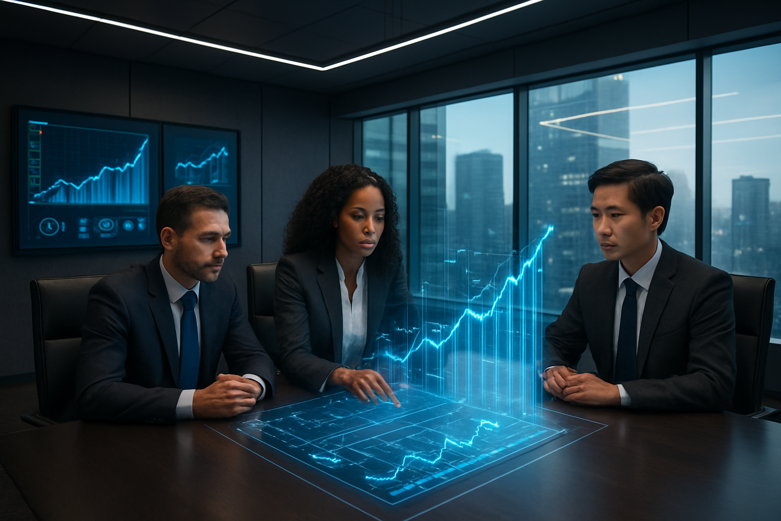 Create a realistic image of a modern corporate boardroom with diverse business executives including white male, black female, and Asian male professionals in suits analyzing holographic financial charts and revenue graphs floating above a sleek conference table, with AI-powered digital displays on the walls showing upward trending business metrics and innovation icons, illuminated by contemporary LED lighting in a high-tech office environment with floor-to-ceiling windows overlooking a city skyline, conveying growth and technological advancement. Absolutely NO text should be in the scene.