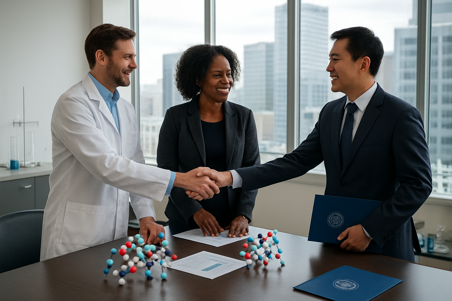 Create a realistic image of a modern corporate boardroom with three diverse professionals - a white male scientist in a lab coat, a black female university researcher, and an Asian male executive in business attire - standing around a sleek conference table examining molecular structure models and research documents, with large windows showing a cityscape backdrop, bright natural lighting creating a collaborative atmosphere, handshake gestures between the professionals indicating partnership agreements, with laboratory equipment visible on side tables and university logos on folders, conveying innovation and strategic collaboration in the biotech industry. Absolutely NO text should be in the scene.