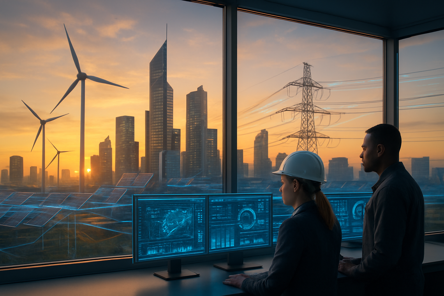 Create a realistic image of a modern smart city skyline with futuristic energy infrastructure including wind turbines, solar panels on buildings, and electrical transmission lines with digital data streams flowing through them, featuring a central control room with large transparent windows where a diverse team of professionals including a white female engineer and a black male technician are monitoring holographic displays showing energy grid data, set against a dawn sky with warm golden lighting that symbolizes innovation and progress, with clean geometric architecture and glowing blue accents on the technological elements to represent AI integration, absolutely NO text should be in the scene.