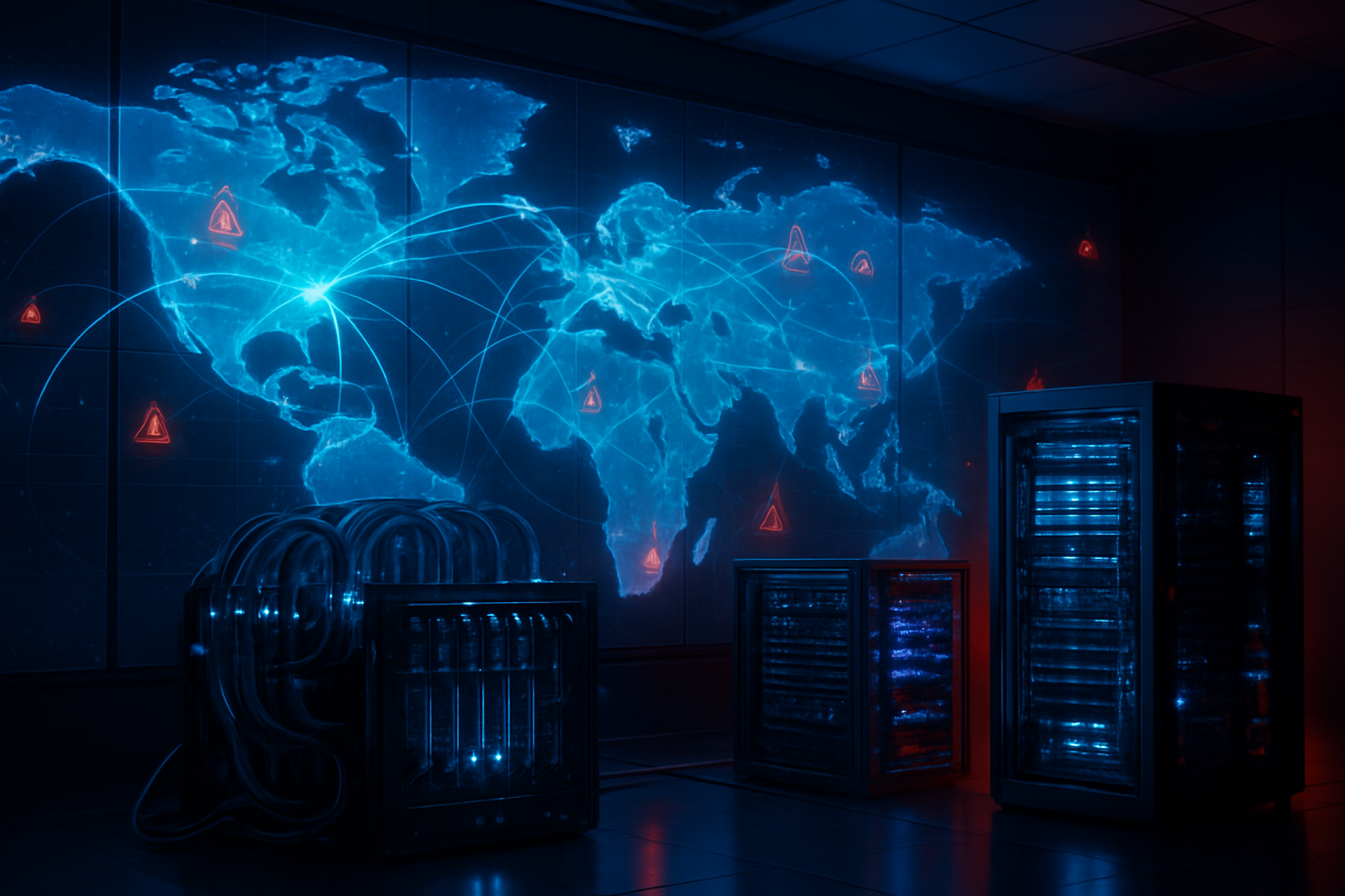 Create a realistic image of a large digital world map displayed on multiple interconnected screens showing global network connections with glowing fiber optic cables, quantum computer servers with complex cooling systems in the foreground, warning indicators and alert symbols scattered across continents, dramatic blue and red lighting creating an urgent atmosphere in a high-tech command center environment, absolutely NO text should be in the scene.