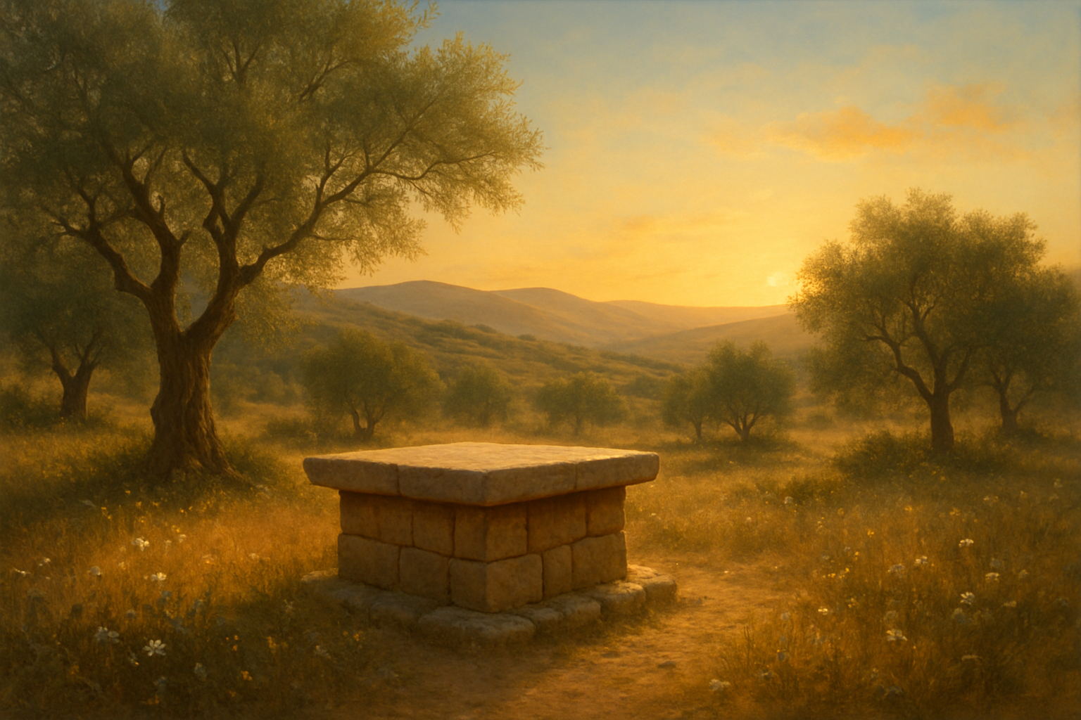 Create a realistic image of a serene biblical landscape at golden hour with rolling hills and olive trees in the background, featuring a simple stone altar or prayer place in the foreground with soft warm lighting casting gentle shadows, surrounded by wildflowers and peaceful atmosphere that conveys spiritual growth, transformation, and hope, with a clear blue sky transitioning to warm sunset colors, absolutely NO text should be in the scene.