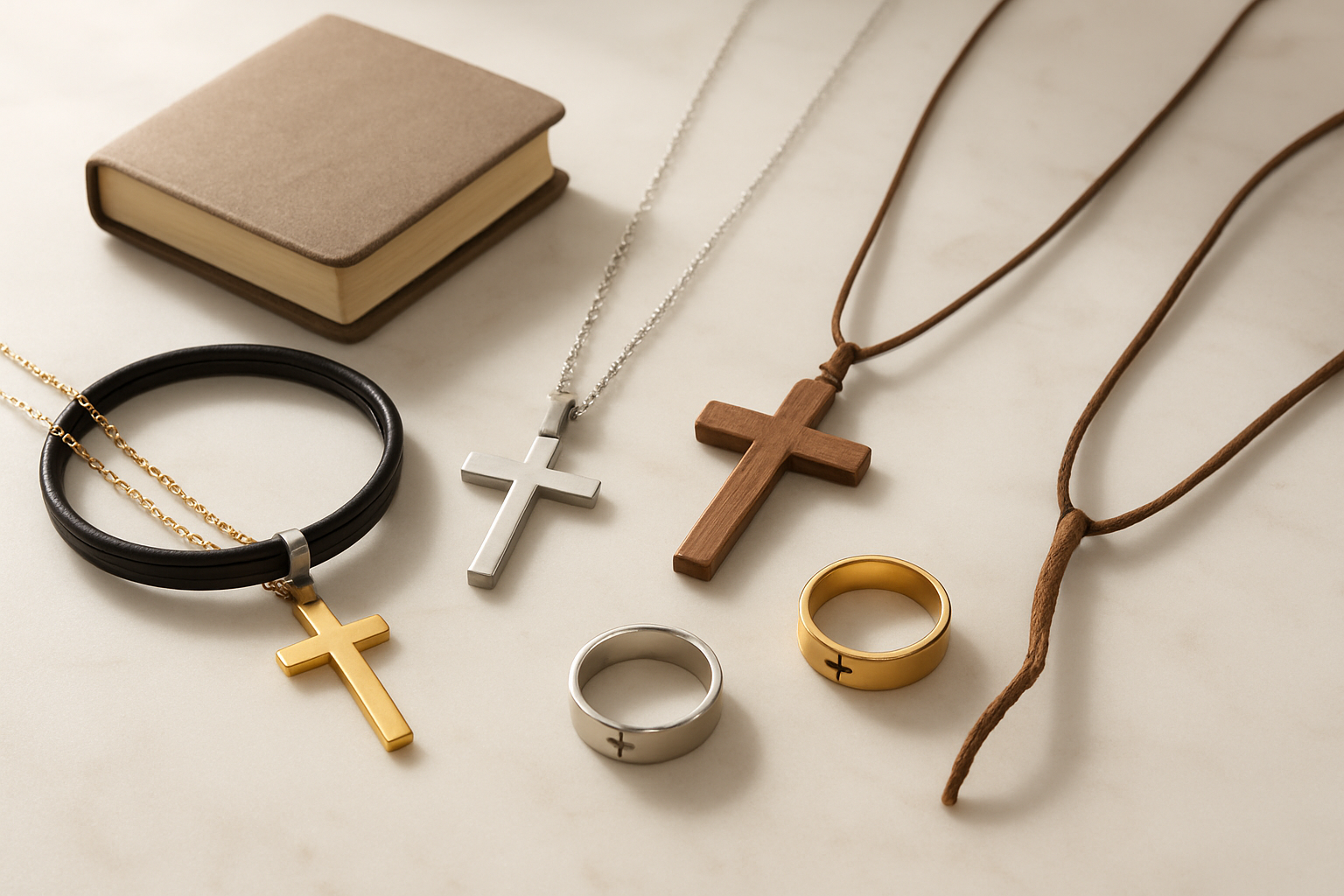 Create a realistic image of an elegant display of Christian faith-based jewelry and accessories arranged on a clean white marble surface, featuring cross necklaces in gold and silver, a leather bracelet with a small cross charm, a wooden cross pendant, Christian rings, and a small prayer book, with soft natural lighting creating gentle shadows, warm and inspiring mood, absolutely NO text should be in the scene.