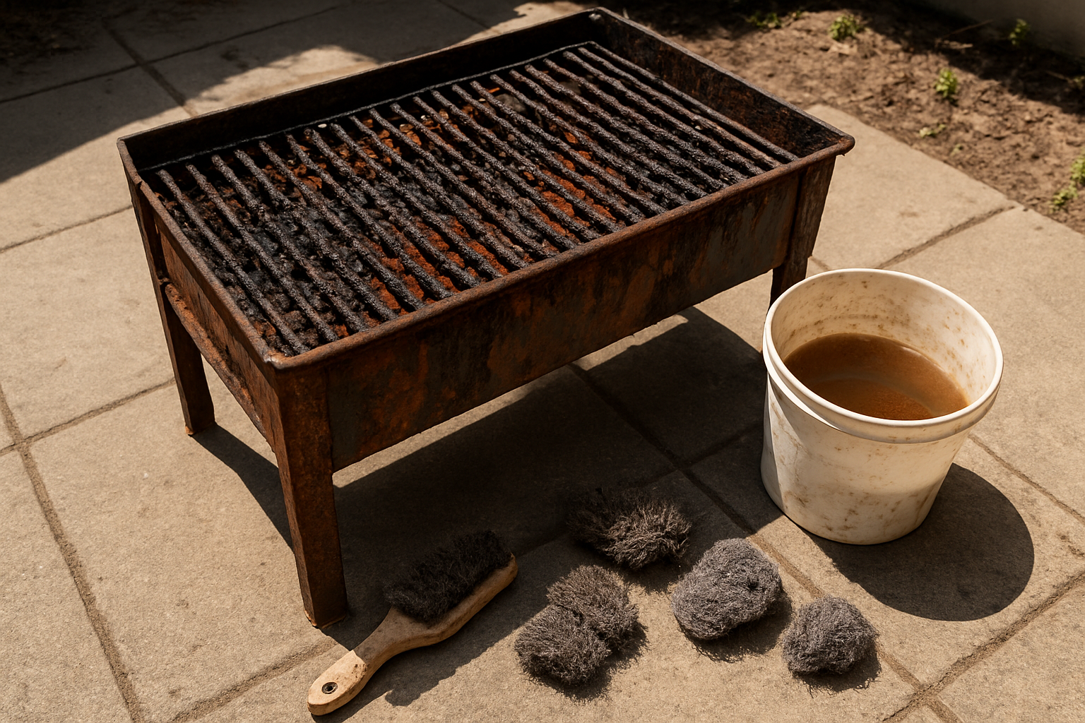 Create a realistic image of a worn-out grill with heavily rusted and grimy grates covered in burnt residue and grease buildup, placed on a backyard patio, next to a bucket of dirty water, worn scrub brushes, and scattered steel wool pads showing signs of heavy use, with harsh overhead sunlight casting strong shadows, conveying a sense of frustration and exhaustion from the tedious cleaning process, Absolutely NO text should be in the scene.