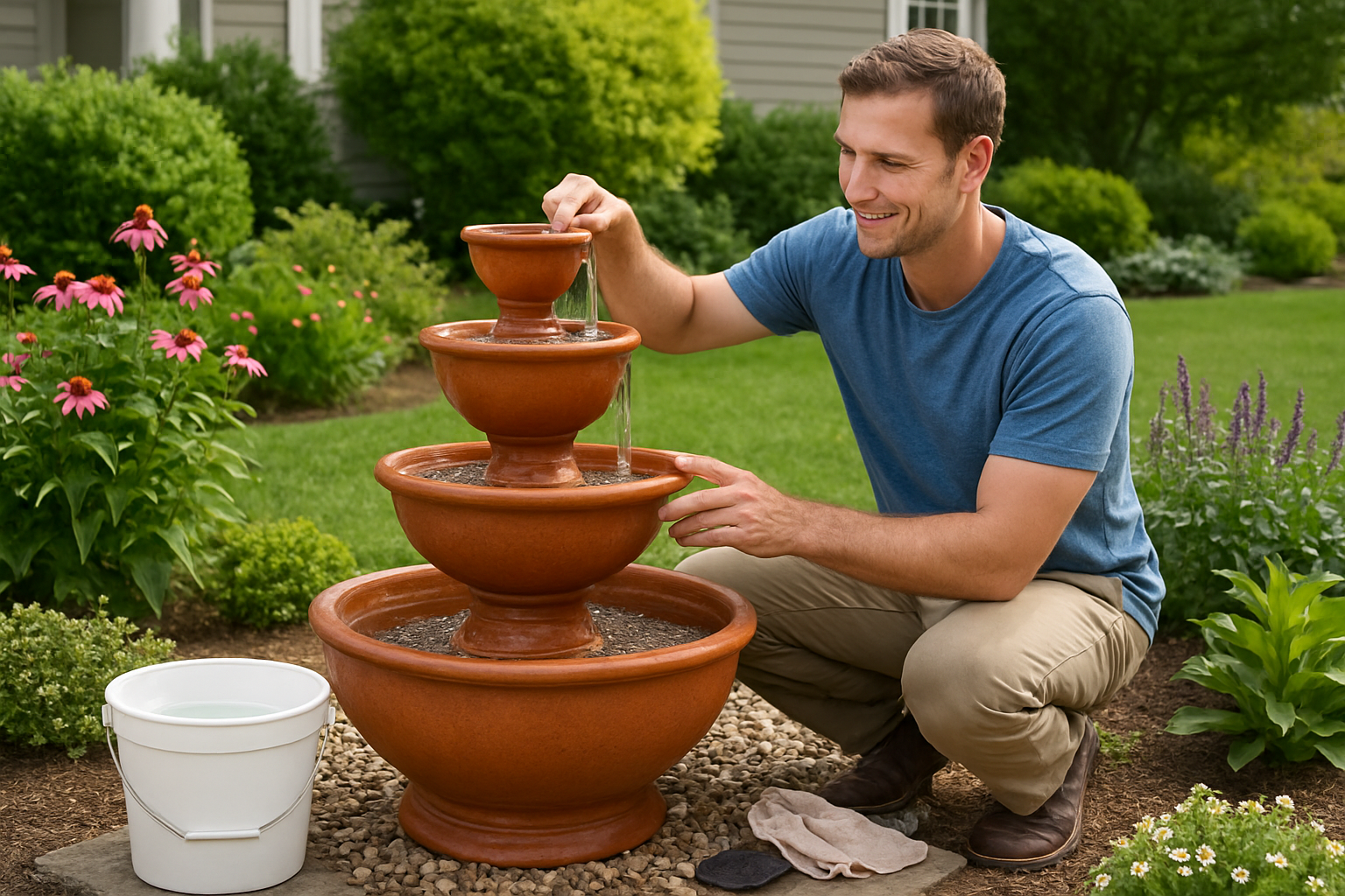 Create a realistic image of a beautiful DIY goblet fountain made from stacked terracotta or ceramic pots in a front yard garden setting, with a white male homeowner in casual clothing gently cleaning the fountain with a soft brush and bucket of water nearby, surrounded by well-maintained landscaping with flowers and plants, bright natural daylight creating a clean and professional appearance, water flowing smoothly from the top goblet into lower tiers, with maintenance supplies like a small net and cleaning cloth visible on the ground, conveying a sense of proper care and upkeep. Absolutely NO text should be in the scene.