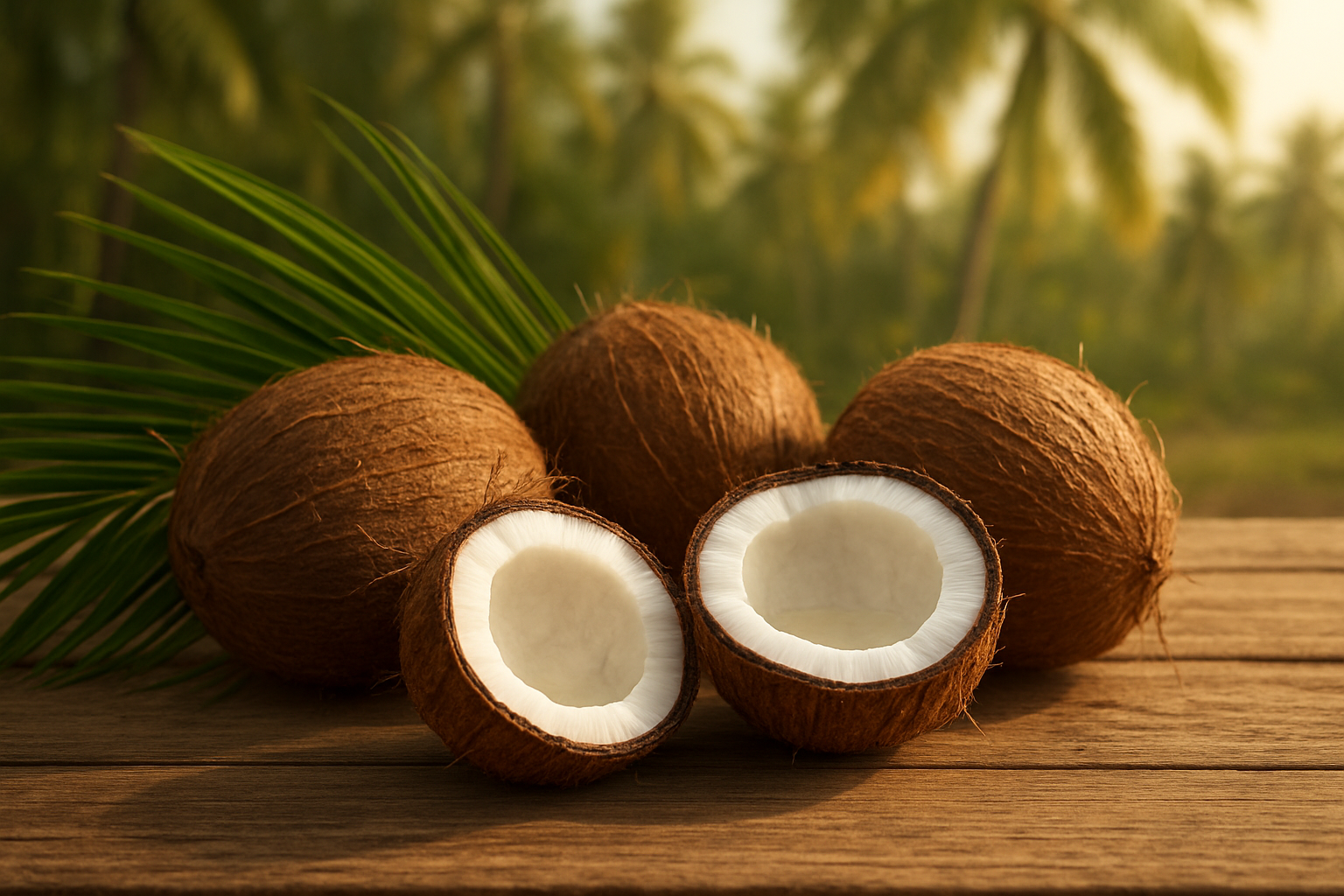 Create a realistic image of whole brown coconuts in their natural fibrous husks alongside fresh coconut palm fronds, with cross-sectioned coconut halves showing white coconut meat and clear coconut water, arranged on a natural wooden surface with tropical palm trees visible in a soft-focus background, warm natural lighting creating gentle shadows, peaceful tropical atmosphere. Absolutely NO text should be in the scene.