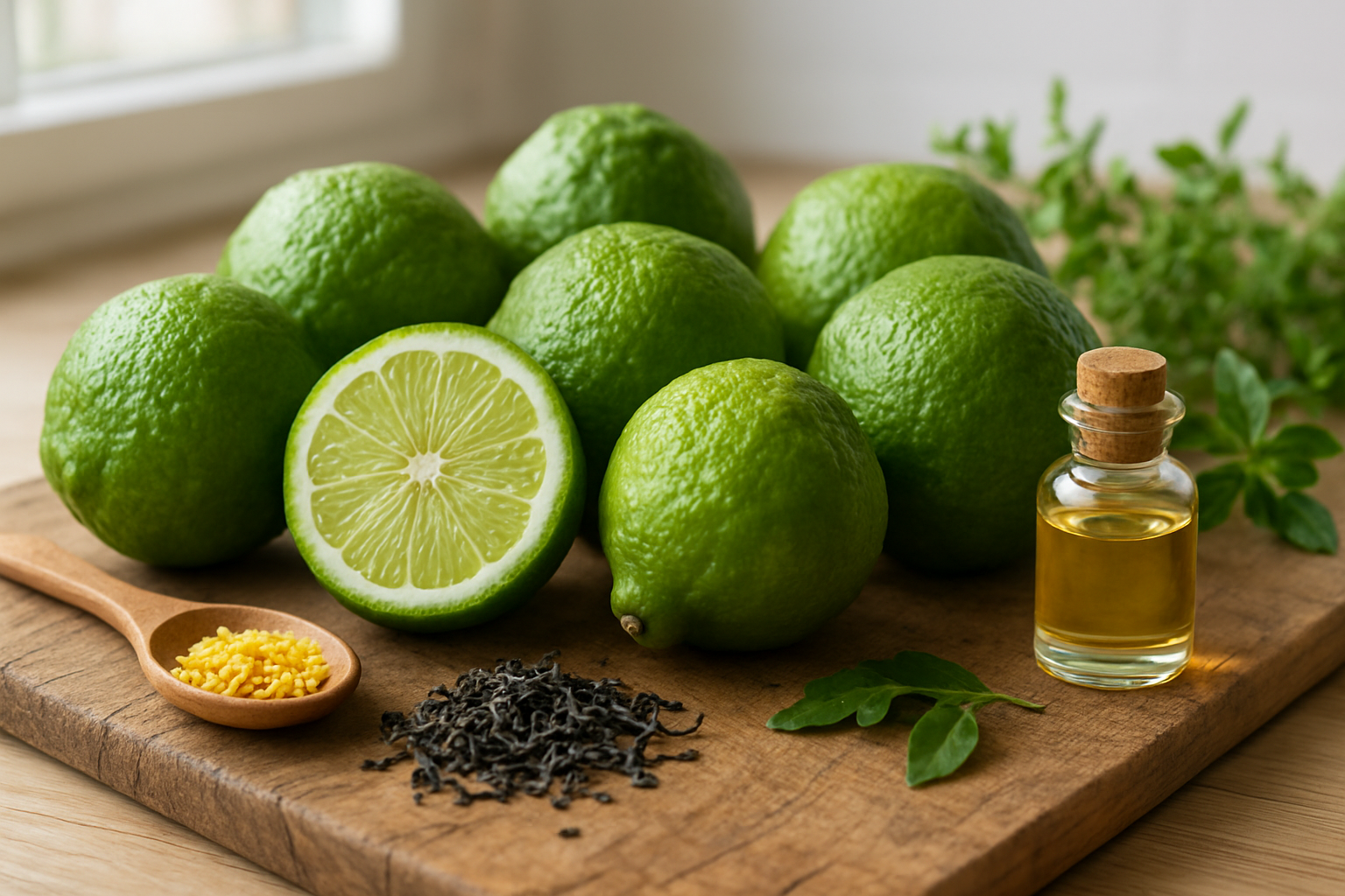 Create a realistic image of fresh bergamot oranges arranged on a rustic wooden cutting board with one orange cut in half showing the interior, alongside culinary ingredients like loose Earl Grey tea leaves, a small glass bottle of bergamot essential oil, dried bergamot zest in a wooden spoon, and fresh herbs, all set in a bright kitchen environment with natural lighting from a window, creating a warm and inviting culinary atmosphere that showcases the citrus fruit's culinary applications and aromatic qualities, absolutely NO text should be in the scene.