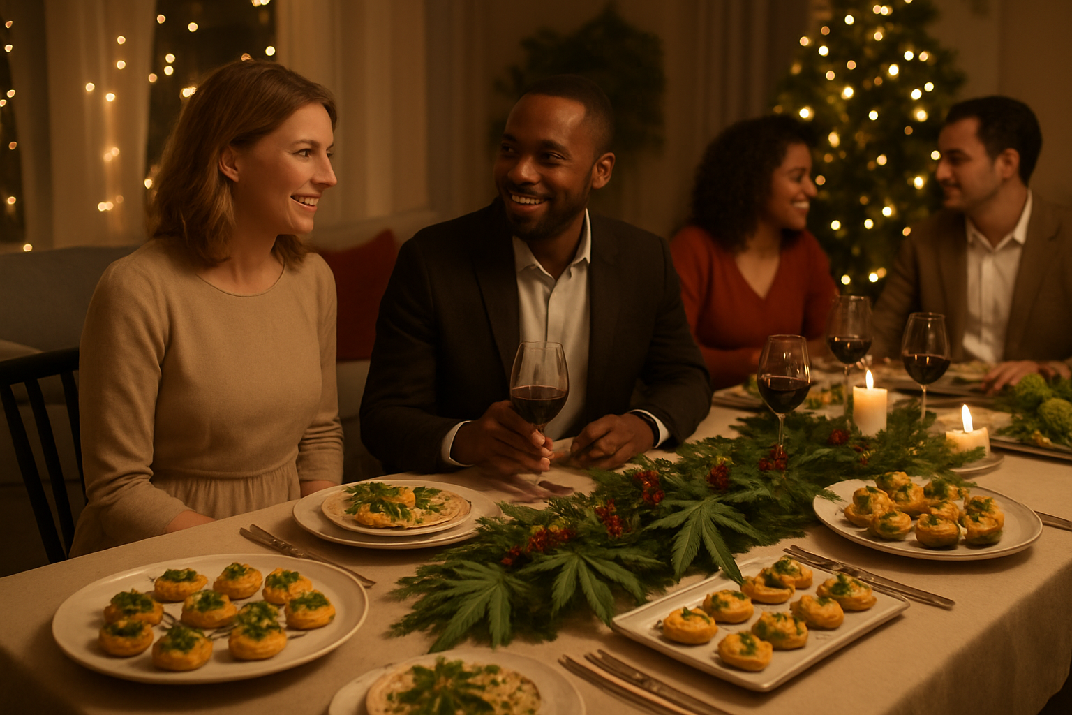 Create a realistic image of an elegant holiday dinner party setup with cannabis-infused appetizers and drinks artfully arranged on a beautifully decorated dining table, featuring a diverse group of adults including a white female host and black male guest socializing in a warm, welcoming living room with festive holiday decorations, soft ambient lighting from string lights and candles, cannabis leaves subtly incorporated into the table centerpiece alongside traditional holiday greenery, wine glasses and elegant serving platters, creating a sophisticated and inclusive holiday entertaining atmosphere, absolutely NO text should be in the scene.