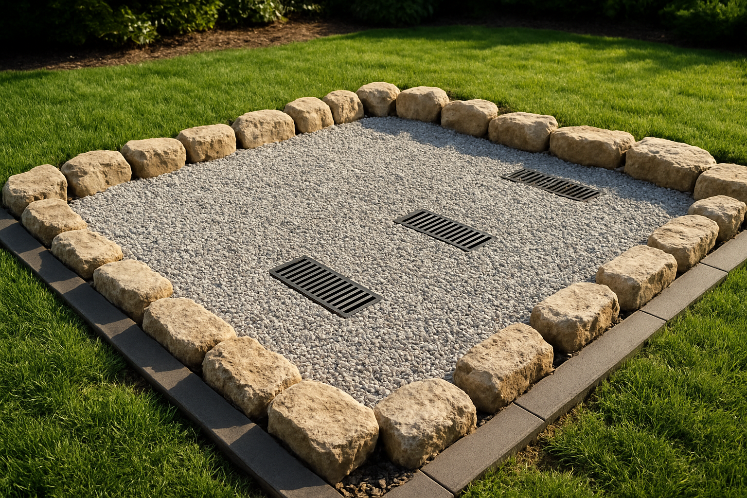 Create a realistic image of a well-designed outdoor dog potty area featuring a clean gravel surface with visible drainage grates, surrounded by landscaping stones, set in a backyard with green grass in the background, bright natural daylight, showing a dry and odor-free space with proper drainage channels, neat borders, and a professional landscaped appearance that demonstrates effective water management and cleanliness, absolutely NO text should be in the scene.