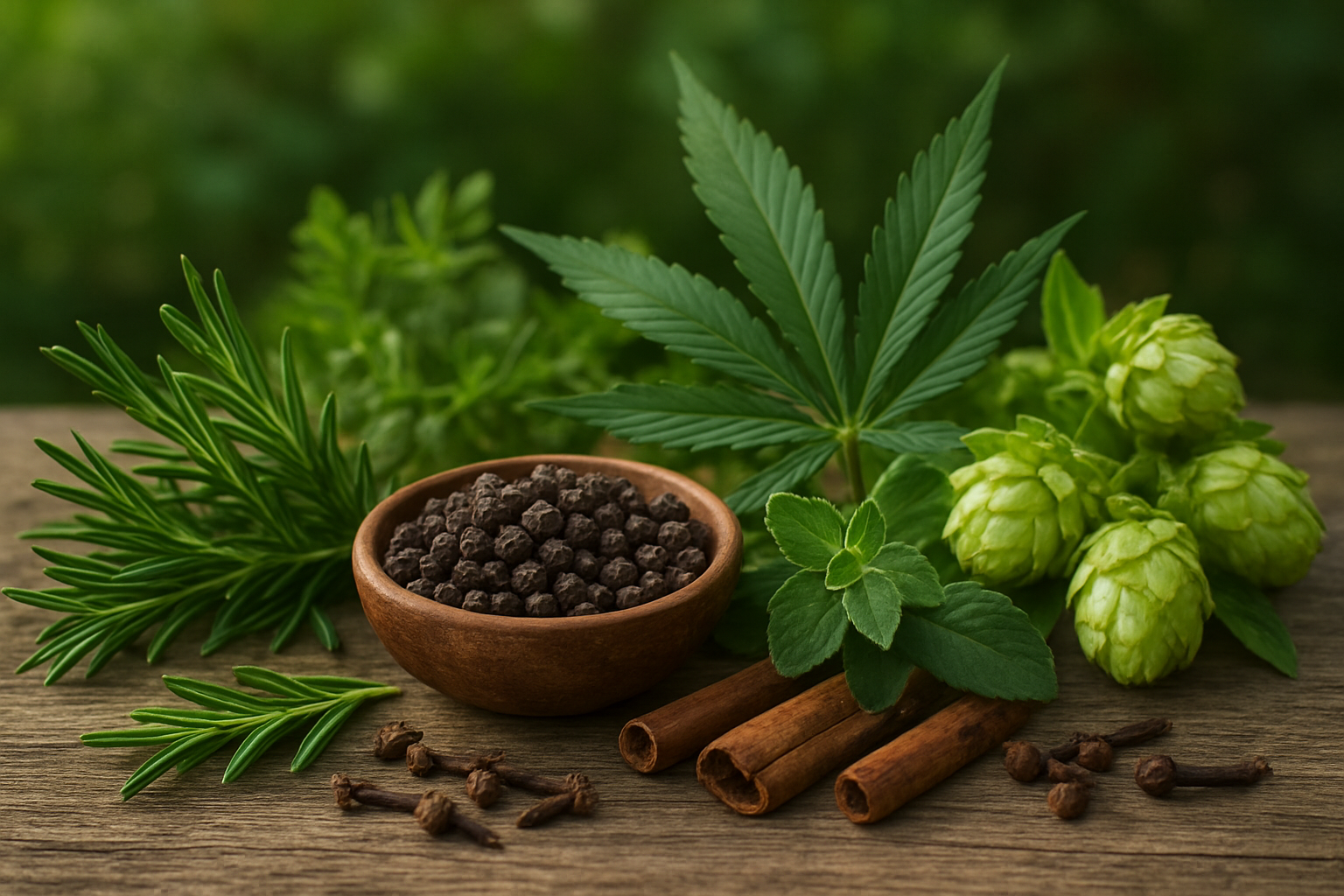 Create a realistic image of a diverse natural collection showcasing various plants containing beta-caryophyllene arranged in an organic display, featuring fresh black peppercorns in a wooden bowl, sprigs of fresh rosemary and oregano herbs, cannabis leaves, clove buds scattered on weathered wood, cinnamon bark pieces, and hops flowers, all arranged on a rustic wooden surface with soft natural lighting filtering through, creating gentle shadows and highlighting the textures and natural colors of each botanical specimen, with a blurred green foliage background suggesting a natural garden setting, absolutely NO text should be in the scene.