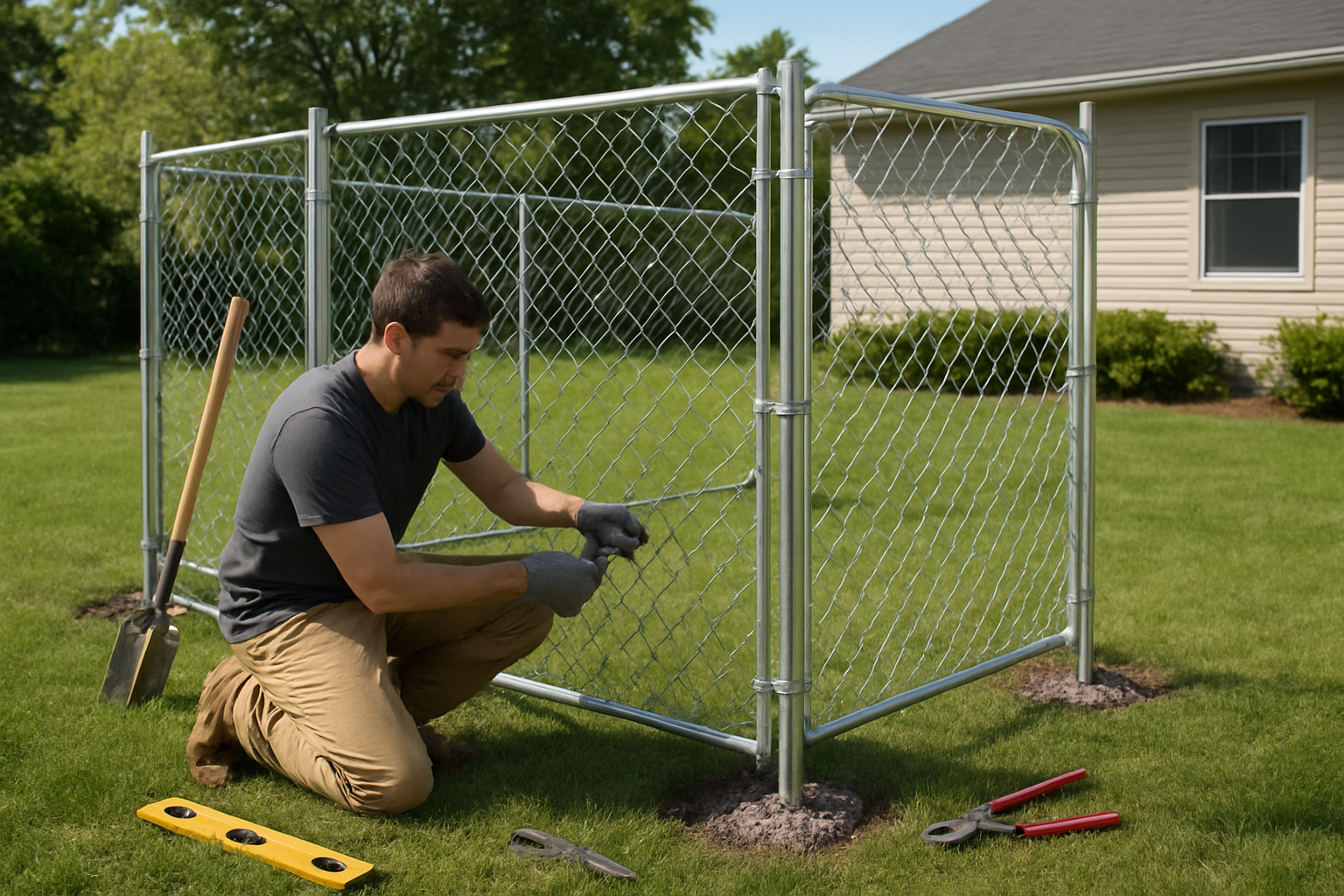 Create a realistic image of a person installing chain link fencing framework for a dog kennel, showing metal fence posts being secured into the ground with concrete, chain link mesh panels being attached to the posts with metal ties, gate hardware being installed, and construction tools like post hole digger, level, and pliers scattered nearby on grass, with a residential backyard setting featuring a house in the background, bright daylight with clear shadows, focusing on the structural assembly process of the kennel framework, absolutely NO text should be in the scene.