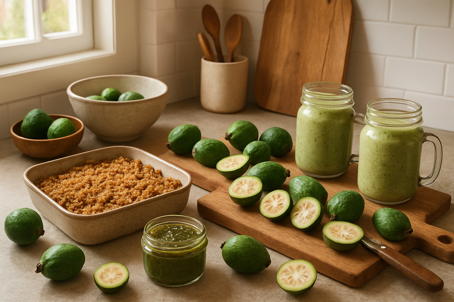 Create a realistic image of a modern kitchen countertop featuring multiple feijoa-based dishes and ingredients, including fresh cut feijoas showing their distinctive translucent flesh, a rustic feijoa crumble in a baking dish, feijoa smoothies in glass jars, feijoa jam in small mason jars, and whole feijoas scattered around, with cooking utensils, wooden cutting boards, and kitchen bowls creating an inviting culinary scene, warm natural lighting streaming through a window, cozy homestyle cooking atmosphere, absolutely NO text should be in the scene.
