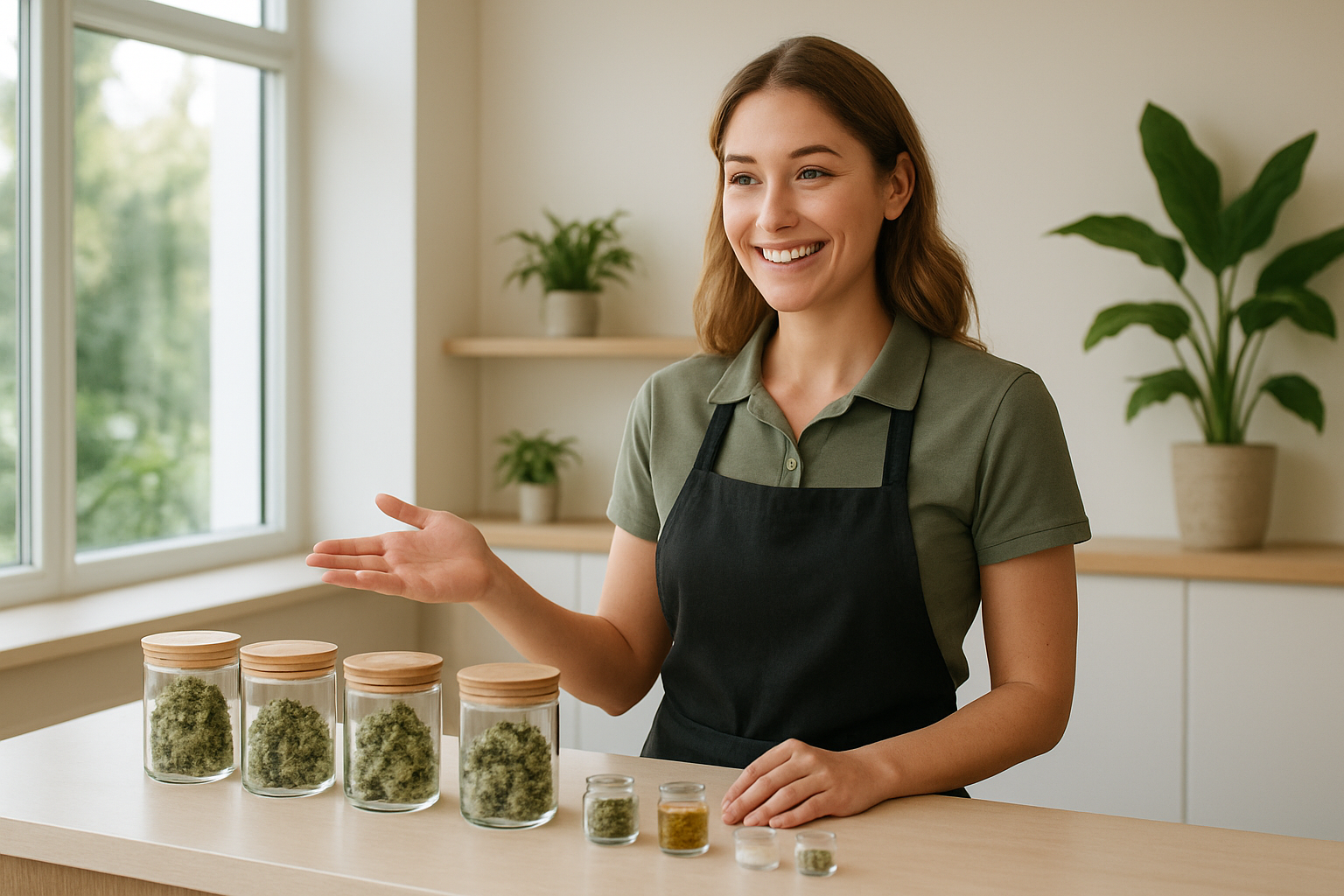 Create a realistic image of a professional white female budtender behind a modern dispensary counter, smiling warmly while gesturing toward an organized display of cannabis products in glass jars and containers, with soft natural lighting from large windows creating a welcoming atmosphere, clean white and wood interior design with green plant accents, the budtender wearing a casual professional uniform, conveying expertise and friendliness in helping customers, absolutely NO text should be in the scene.