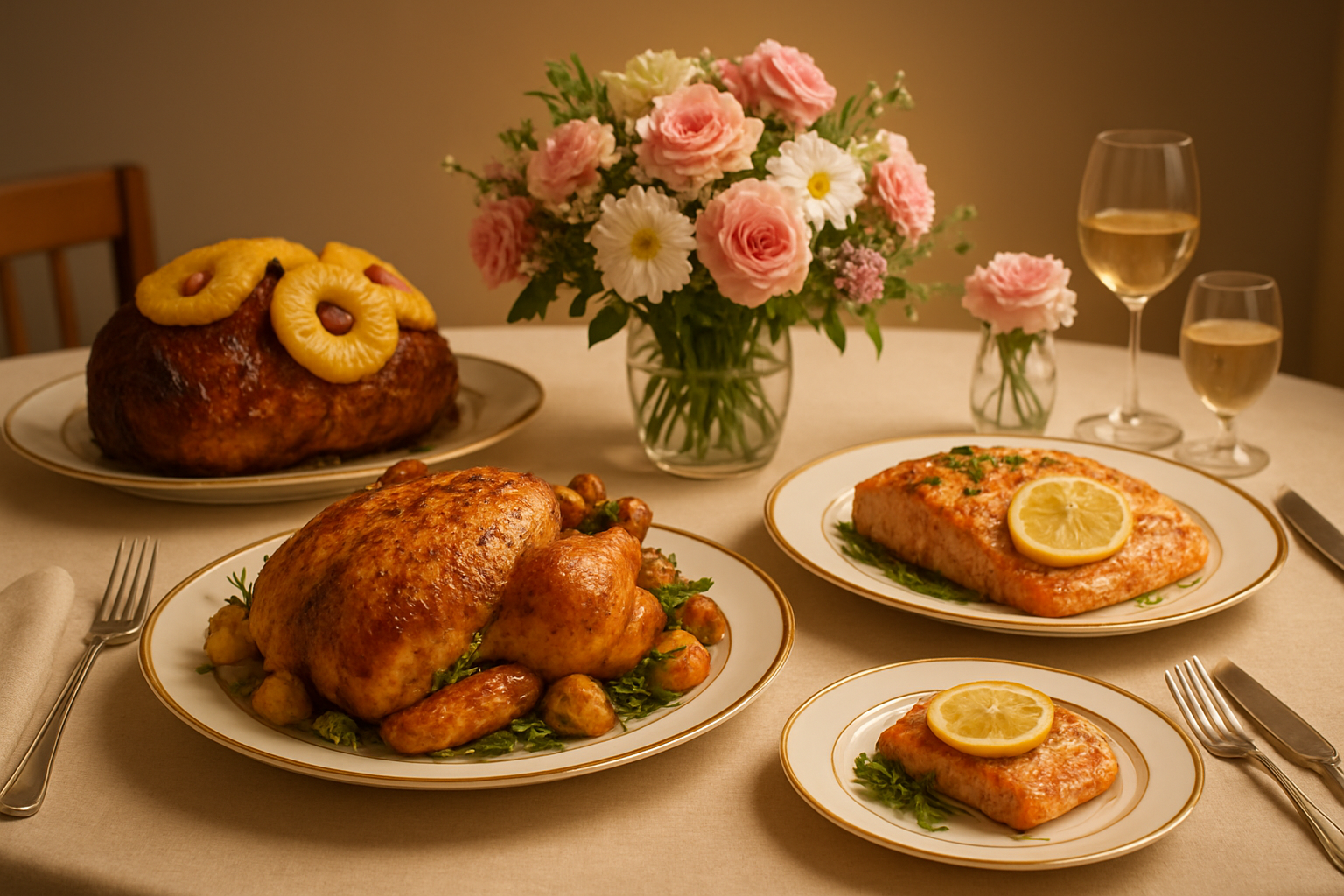Create a realistic image of an elegant dining table set for Mother's Day featuring heartwarming main course dishes including a beautifully roasted chicken with herbs, a glazed ham with pineapple, and a salmon fillet with lemon, all arranged on fine china plates with fresh flowers as centerpieces, warm golden lighting creating a cozy family dinner atmosphere, with polished silverware and cloth napkins completing the sophisticated table setting. Absolutely NO text should be in the scene.