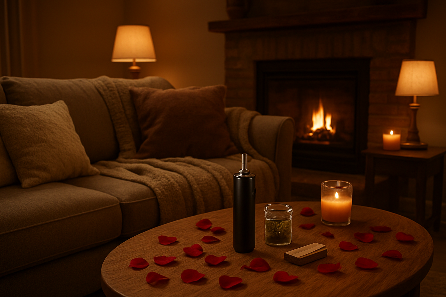 Create a realistic image of a cozy living room scene with a comfortable couch covered in soft blankets and pillows, a coffee table with cannabis accessories like a sleek vaporizer, rolling papers, and a small glass jar, dim warm lighting from table lamps, candles flickering on side tables, a fireplace glowing softly in the background, valentine's day elements like rose petals scattered on the coffee table, creating an intimate stay-at-home atmosphere perfect for a romantic evening indoors, absolutely NO text should be in the scene.
