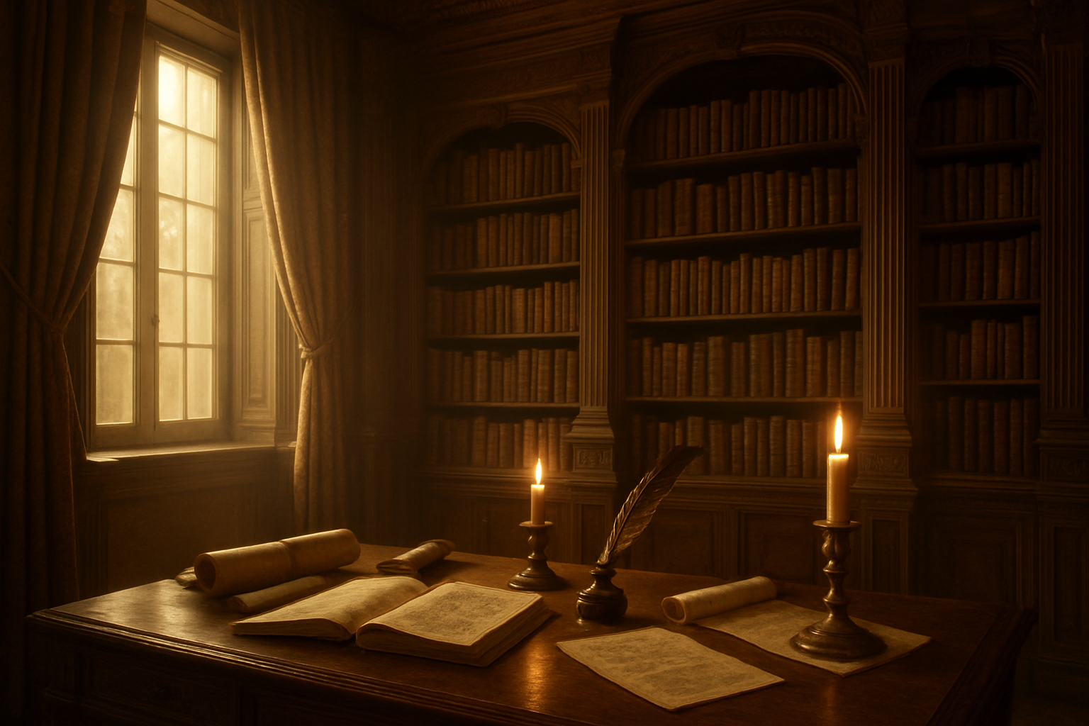 Create a realistic image of an elegant 18th-century library interior with ornate wooden bookshelves filled with leather-bound volumes, antique manuscripts and scrolls scattered on a polished wooden desk, a quill pen and inkwell alongside candlesticks with flickering candles, classical architectural elements with decorative moldings, warm golden lighting from tall windows with heavy curtains, creating an atmospheric scene that bridges the Enlightenment and pre-Romantic periods, with dust motes visible in the soft sunbeams, representing the enduring literary legacy of this transitional era, absolutely NO text should be in the scene.