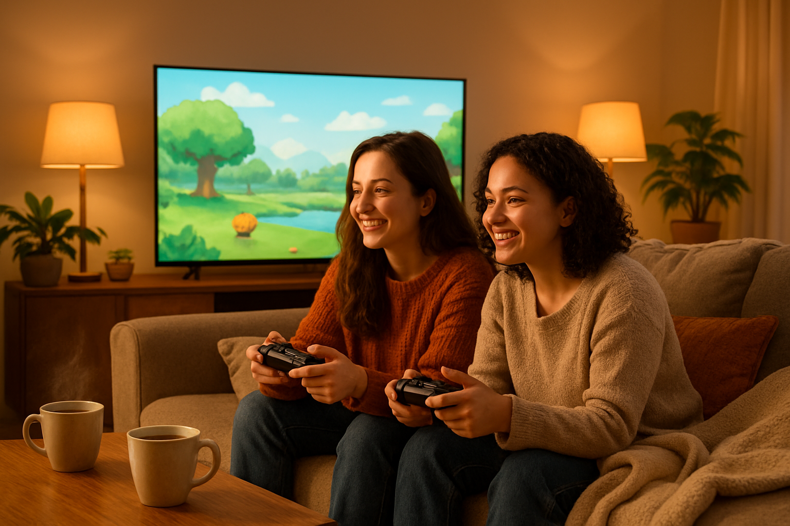 Create a realistic image of two friends sitting comfortably on a plush couch in a warm, softly-lit living room, holding gaming controllers while playing a cooperative video game together, with a large TV screen showing a peaceful, cartoon-style game environment, cozy blankets draped nearby, warm ambient lighting from table lamps creating a relaxed atmosphere, steaming mugs of hot chocolate on a coffee table, and houseplants adding to the comfortable home setting, absolutely NO text should be in the scene.