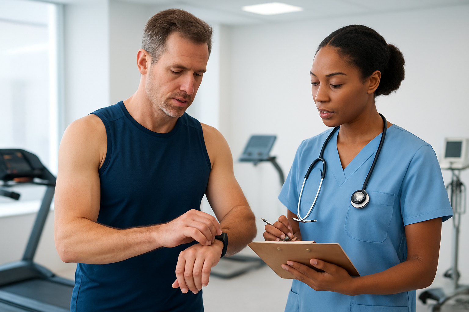 Create a realistic image of a middle-aged white male athlete in athletic wear standing in a modern fitness clinic, looking at a heart rate monitor display on his wrist while a black female fitness professional in scrubs holds a clipboard and stethoscope, with medical equipment like a treadmill and blood pressure monitor visible in the background, bright clinical lighting, professional healthcare atmosphere, both people appear focused and engaged in a fitness assessment consultation, absolutely NO text should be in the scene.