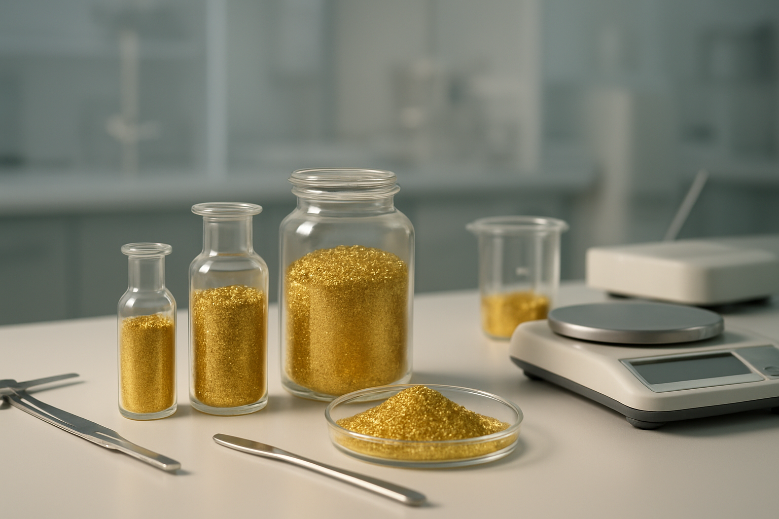 Create a realistic image of a professional workspace featuring small glass vials and containers filled with shimmering pure gold dust and powder arranged on a clean white laboratory table, with precise measuring tools, mixing equipment, and quality control instruments nearby, soft professional lighting illuminating the golden particles creating a luxurious yet scientific atmosphere, clean modern laboratory background with subtle bokeh effect, emphasizing the premium quality and professional applications of gold dust products, absolutely NO text should be in the scene.