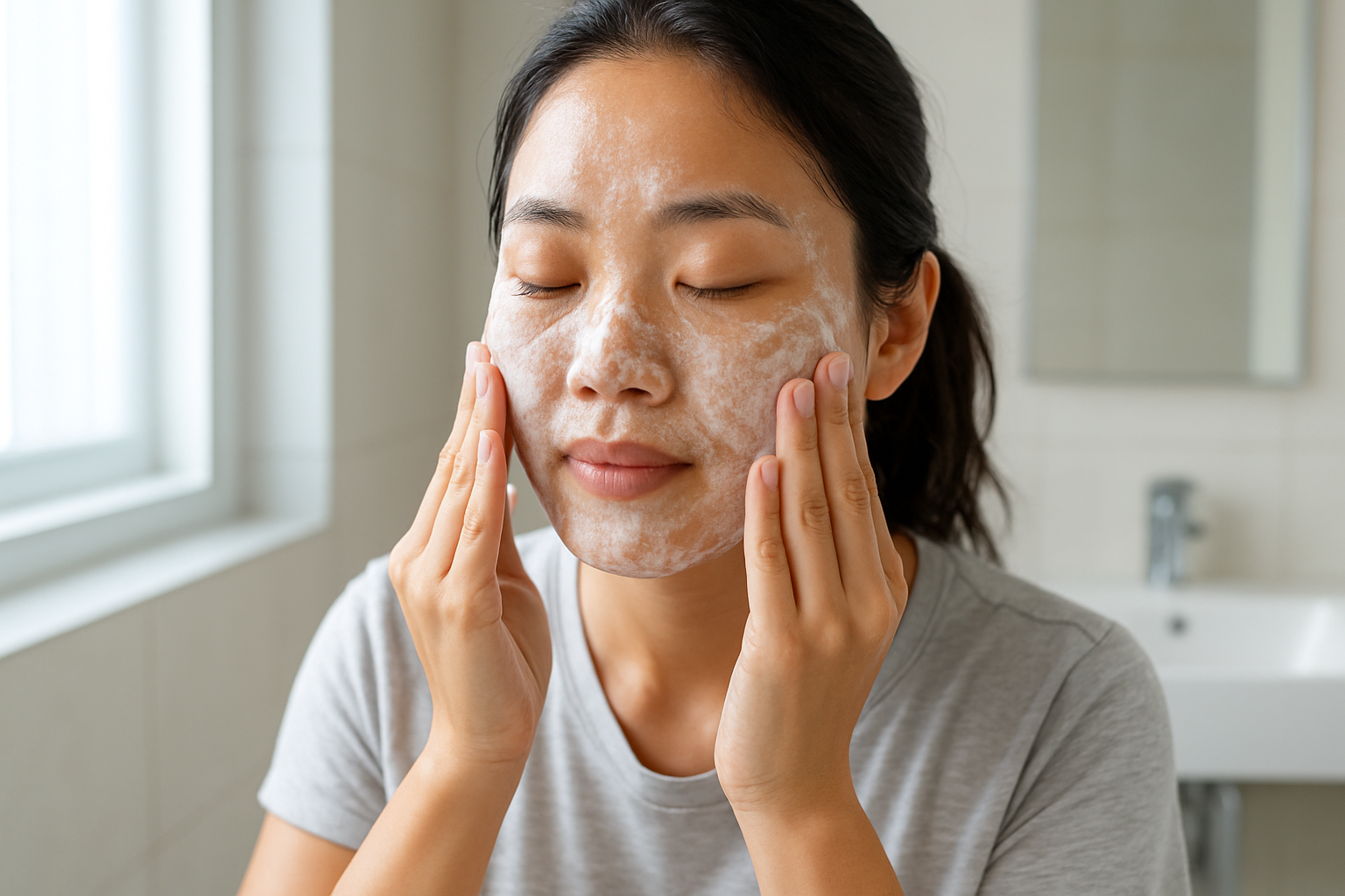 Create a realistic image of a young Asian female with oily skin standing in a bright, clean bathroom, gently massaging white face wash foam onto her face with circular motions using her fingertips, with a modern white sink and mirror in the background, soft natural lighting coming from a window, showcasing proper face washing technique with focus on her hands demonstrating the correct application method, absolutely NO text should be in the scene.