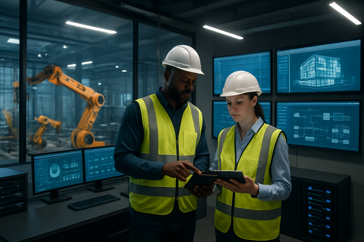 Create a realistic image of a modern construction site control room with multiple wall-mounted monitors displaying project timelines, 3D building models, and automated workflow dashboards, featuring a black male project manager in a hard hat and safety vest standing next to a white female engineer reviewing digital tablets, with robotic construction equipment visible through large windows in the background, industrial lighting illuminating the high-tech workspace filled with servers and automated monitoring systems, conveying an atmosphere of efficiency and technological advancement. Absolutely NO text should be in the scene.