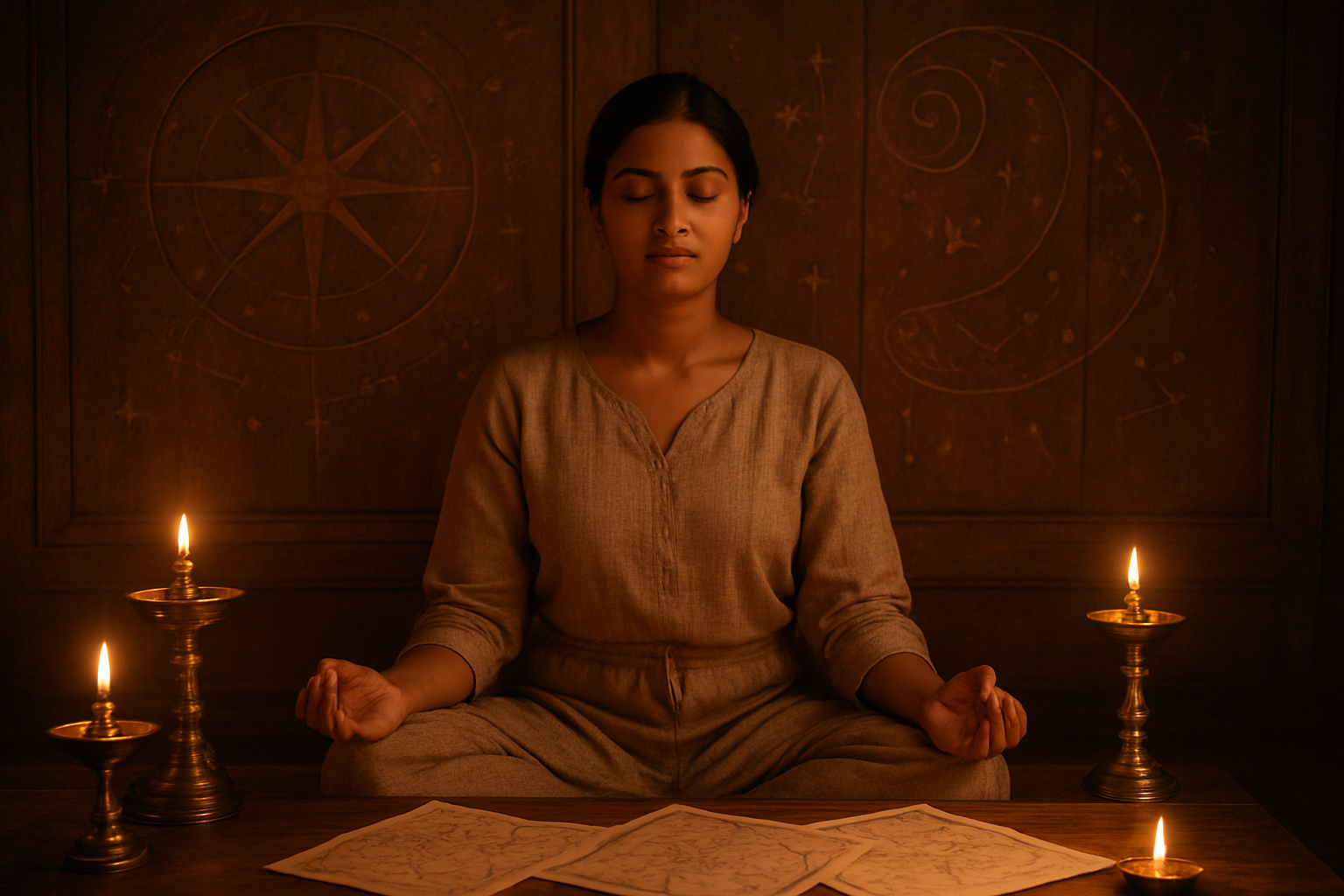 Create a realistic image of a serene meditation space with ancient astronomical symbols and constellation patterns subtly carved into wooden panels, featuring a peaceful South Asian female sitting in lotus position with her eyes closed, surrounded by soft golden candlelight, traditional brass oil lamps, and delicate star charts spread on a wooden table, with warm amber lighting creating a spiritual atmosphere that suggests transformation and cosmic connection, absolutely NO text should be in the scene.