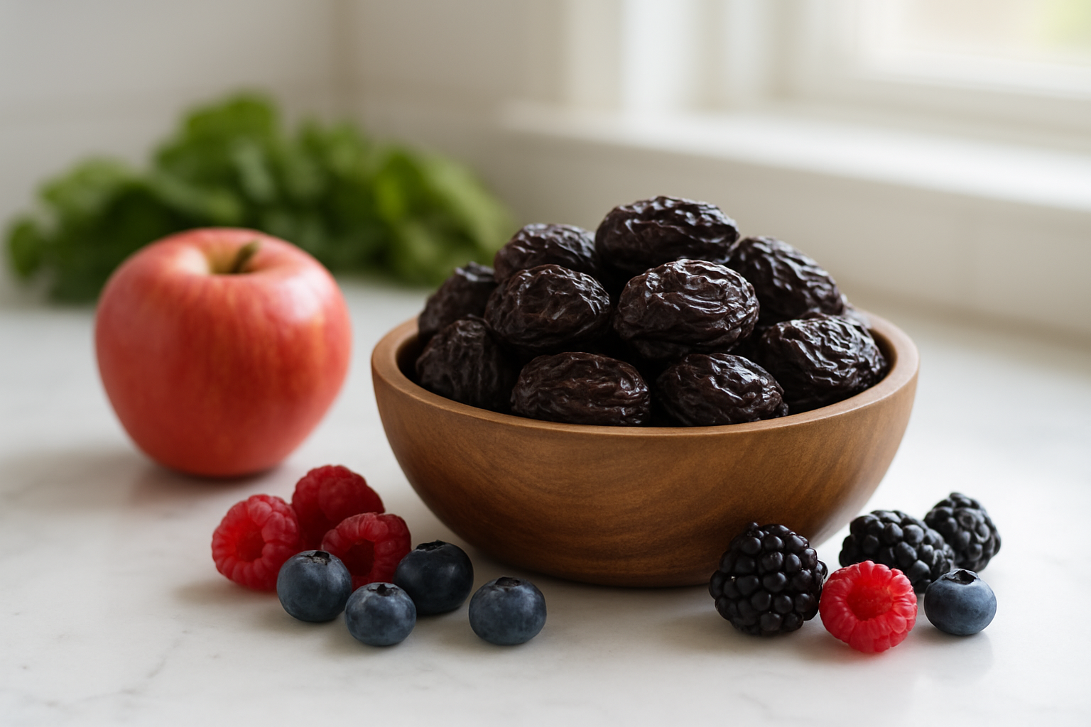 Create a realistic image of a wooden bowl filled with dark purple prunes alongside fresh fruits like apples and berries on a clean white marble countertop, with soft natural lighting streaming from a nearby window, creating a healthy and vibrant wellness atmosphere with green leafy vegetables subtly visible in the background, emphasizing nutrition and health transformation, shot in warm daylight with a clean minimalist kitchen setting, absolutely NO text should be in the scene.