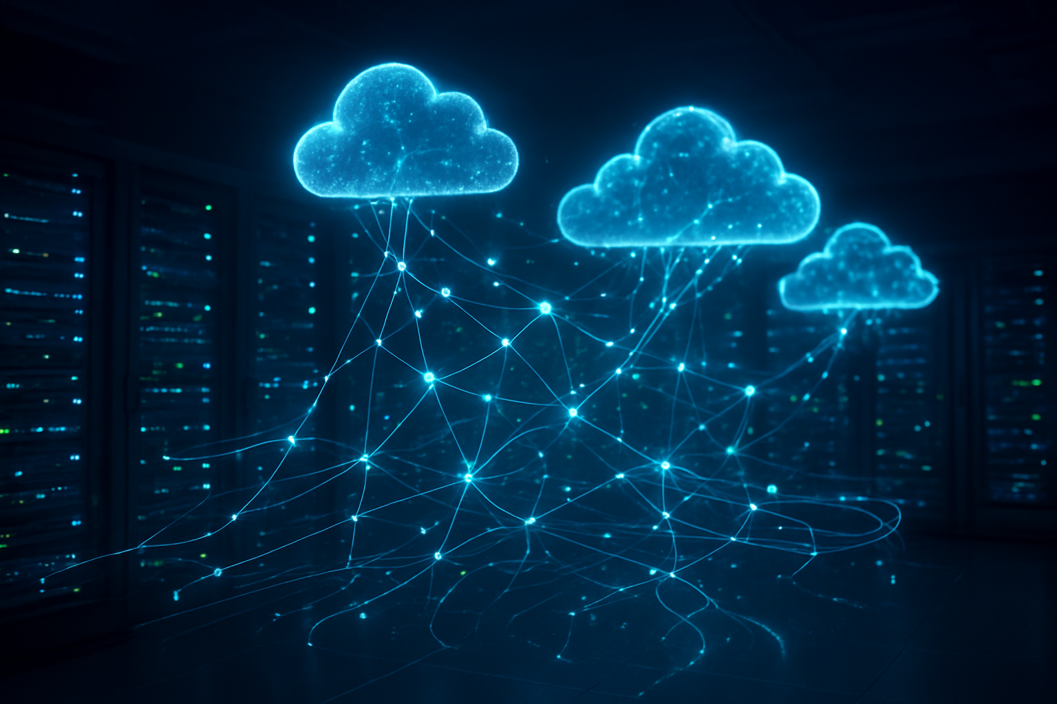 Create a realistic image of a modern data center with glowing server racks in the background, featuring floating holographic nodes and connection lines that pulse with blue and green light to represent event-driven data flow, with streams of luminous particles moving dynamically between cloud-like formations hovering above sleek server infrastructure, set in a dark technological environment with ambient blue lighting that emphasizes the invisible and automated nature of serverless architecture, showing multiple interconnected pathways that branch and merge organically like a neural network, with no visible human operators to emphasize the autonomous backend systems, absolutely NO text should be in the scene.