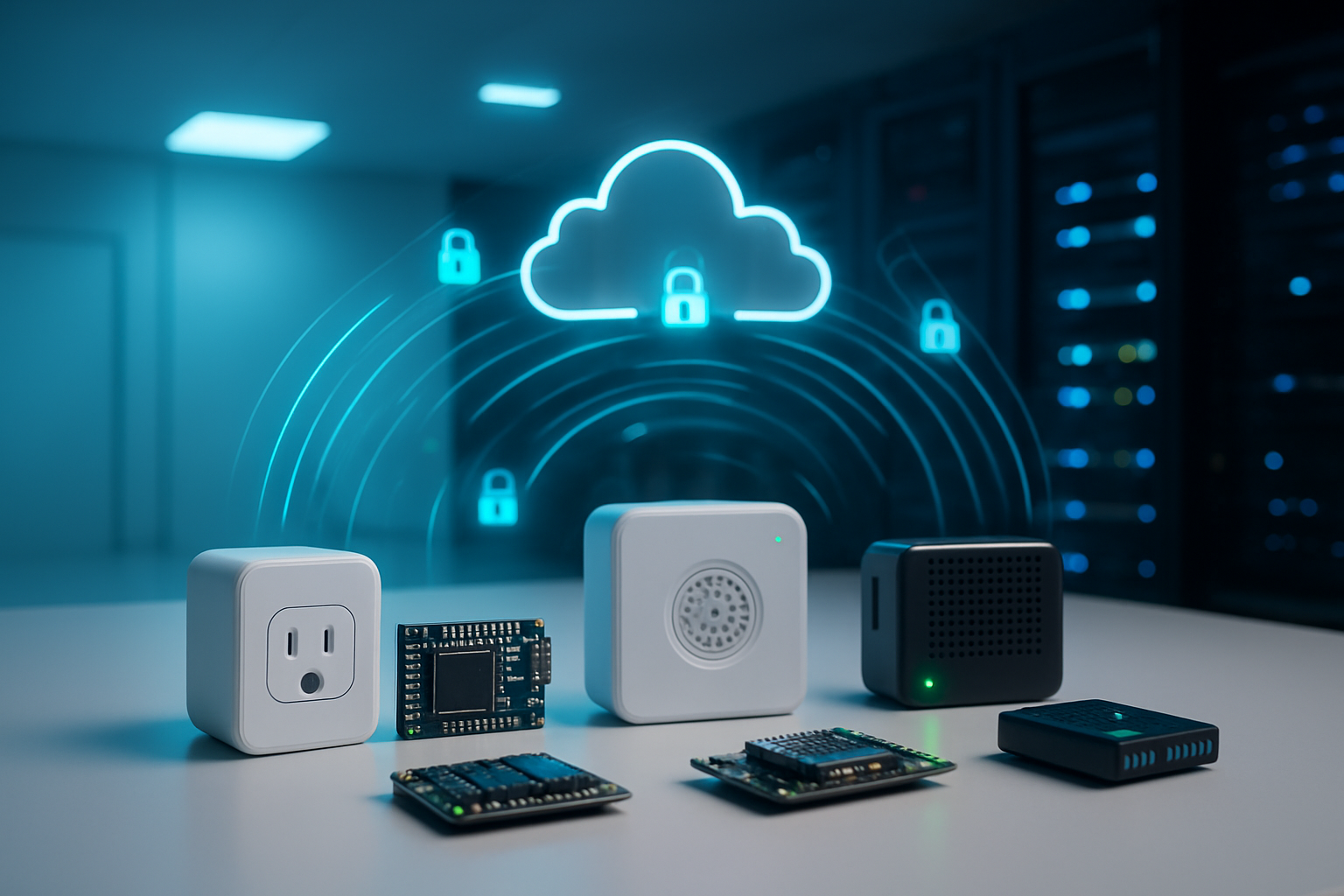 Create a realistic image of multiple IoT devices including smart sensors, microcontrollers, and small embedded devices positioned on a modern desk, with glowing blue and green LED indicators showing active connections, digital wireless signal waves visualized as translucent curved lines flowing upward toward cloud servers in the background, secure padlock icons floating in the data stream to represent encryption, AWS cloud infrastructure servers with blinking status lights in a data center setting, cool blue and white lighting creating a high-tech atmosphere, clean modern office environment, absolutely NO text should be in the scene.