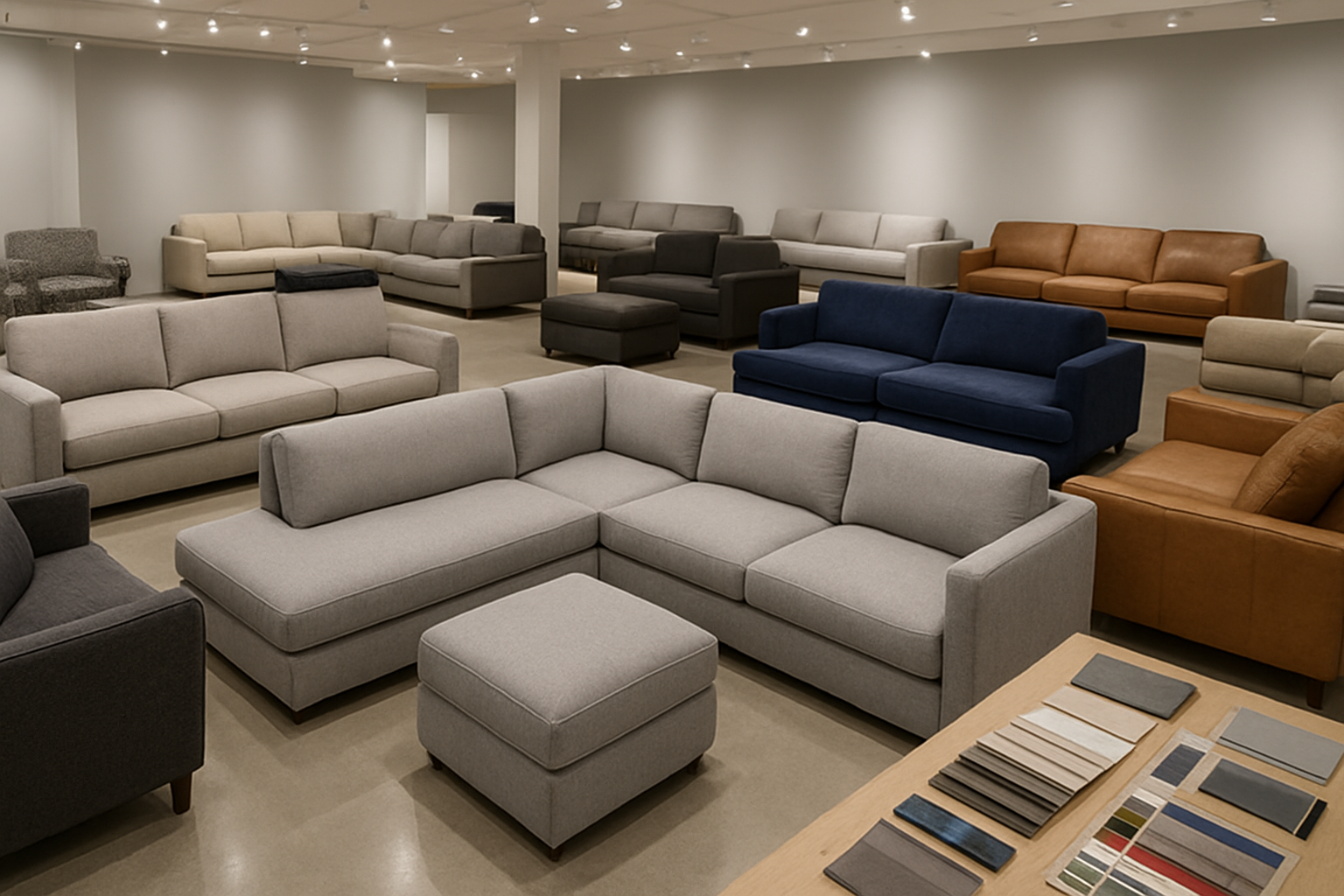Create a realistic image of a modern furniture showroom displaying various types of sofas and couches in different styles, sizes, and configurations including sectional sofas, L-shaped couches, traditional three-seater sofas, armchairs, and ottoman sets arranged elegantly throughout the space, with fabric swatches, color samples, and measurement tools visible on nearby tables, featuring diverse upholstery options like leather, velvet, and cotton in various colors and patterns, well-lit with bright showroom lighting against a clean contemporary interior background with polished floors and neutral walls, absolutely NO text should be in the scene.