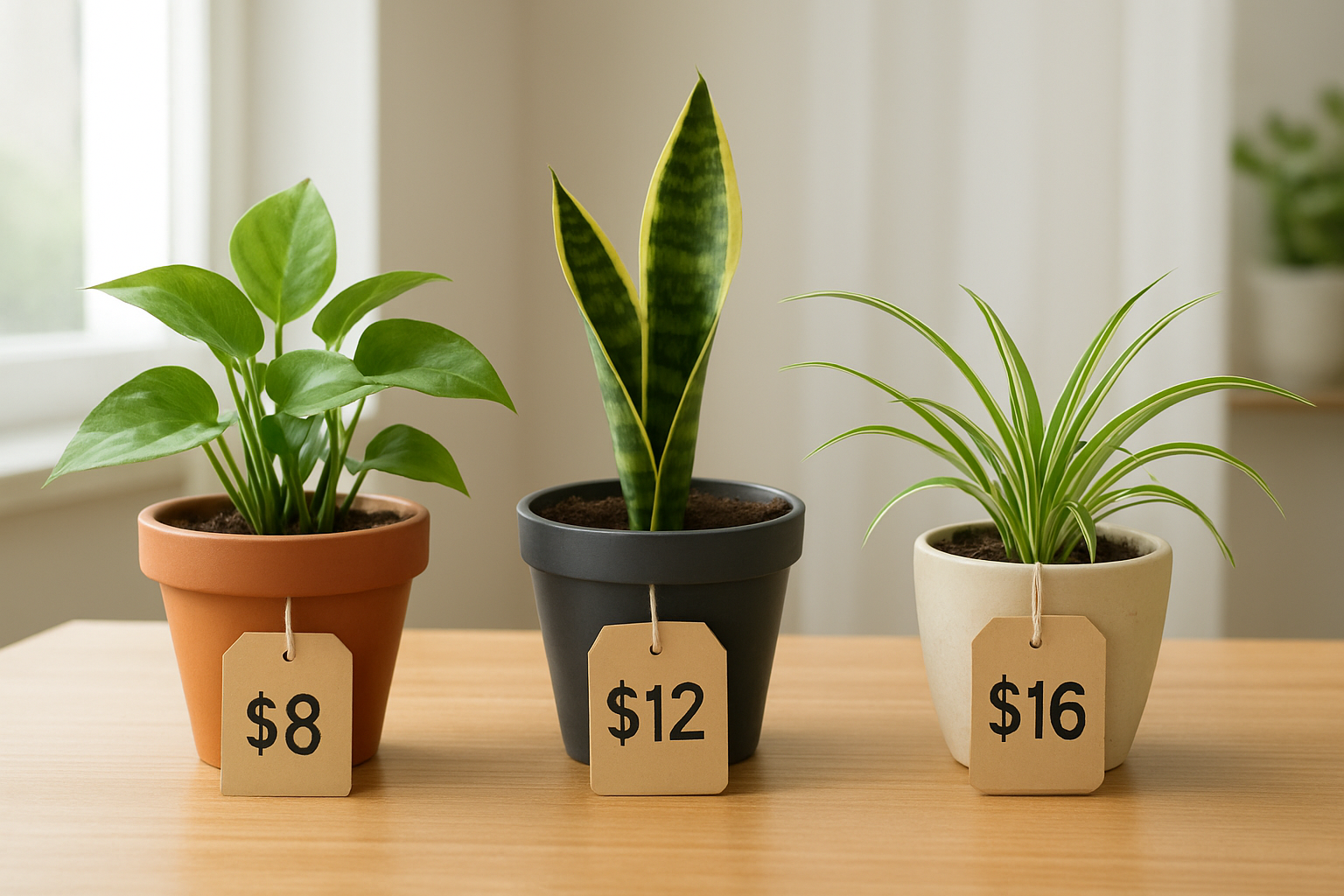 Create a realistic image of several small, affordable indoor plants arranged on a wooden table or shelf, including a small pothos in a simple terracotta pot, a snake plant cutting in a basic plastic pot, and a small spider plant in an inexpensive ceramic planter, with price tags showing amounts under $20 attached to each plant, set against a bright, clean indoor background with natural window lighting, creating a welcoming and budget-conscious atmosphere perfect for beginner plant parents, absolutely NO text should be in the scene.