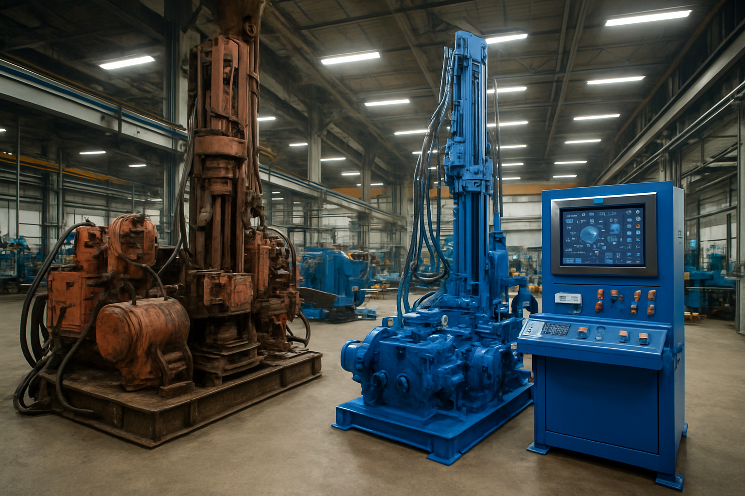 Create a realistic image of modern onshore drilling rig equipment upgrades featuring advanced drilling machinery, updated control systems with digital displays, new hydraulic components, upgraded mud pumps, and enhanced safety equipment arranged in an industrial workshop setting with bright overhead lighting, concrete floors, and metal framework structures in the background, showing the contrast between older and newer drilling technology components side by side, captured in sharp industrial lighting that highlights the metallic surfaces and technical details of the equipment, absolutely NO text should be in the scene.