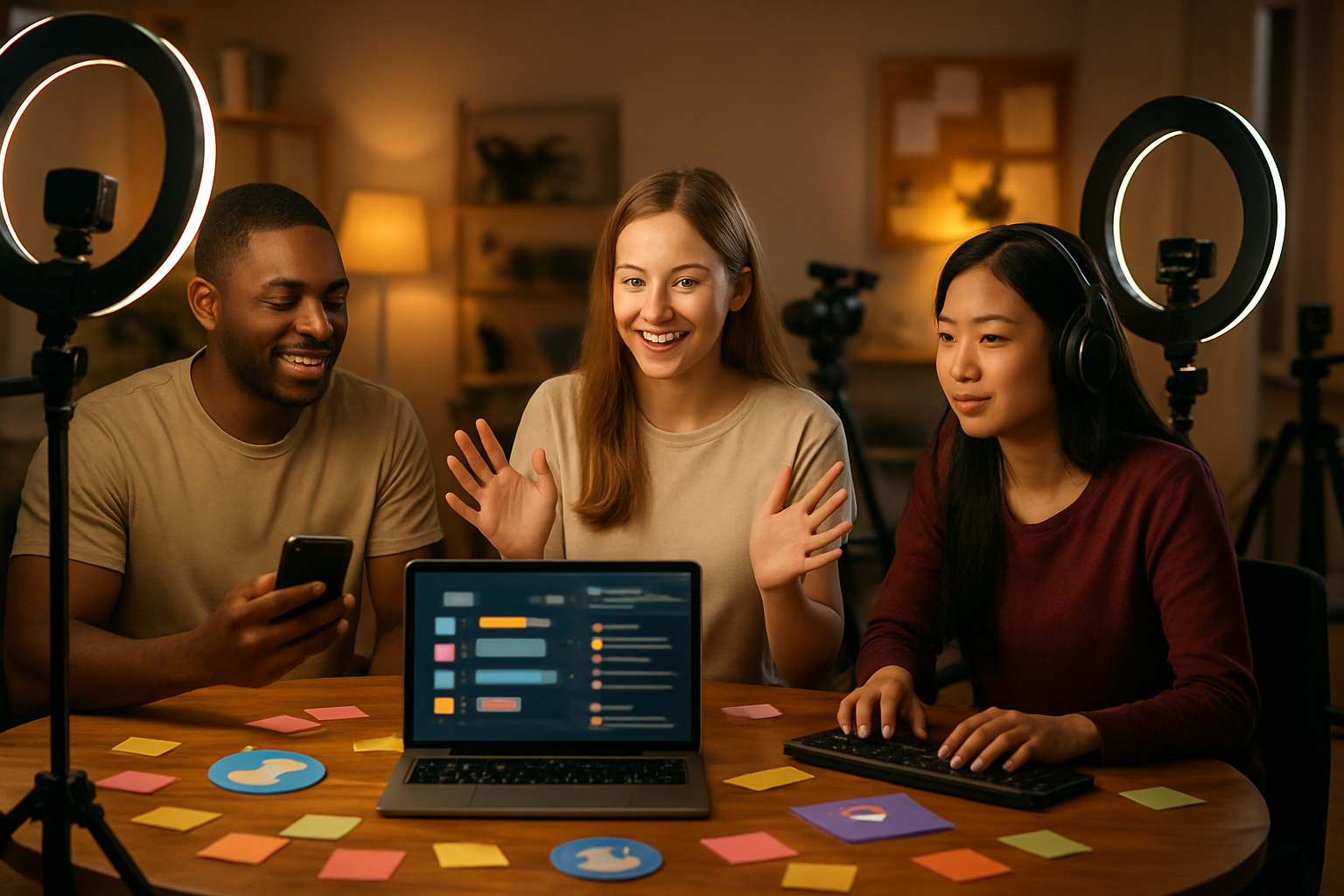 Create a realistic image of a diverse group of content creators sitting in a modern, well-lit studio setup with multiple cameras and ring lights, featuring a white female YouTuber in the center engaging with her audience through a laptop screen showing chat comments, surrounded by a black male creator holding a smartphone for live streaming and an Asian female creator with gaming equipment, all positioned around a circular table with colorful sticky notes, collaboration boards, and interactive props like polls and question cards scattered across the surface, warm golden lighting creating an inviting atmosphere that emphasizes connection and community engagement, with soft-focus background showing additional recording equipment and a cozy, professional creative space, absolutely NO text should be in the scene.