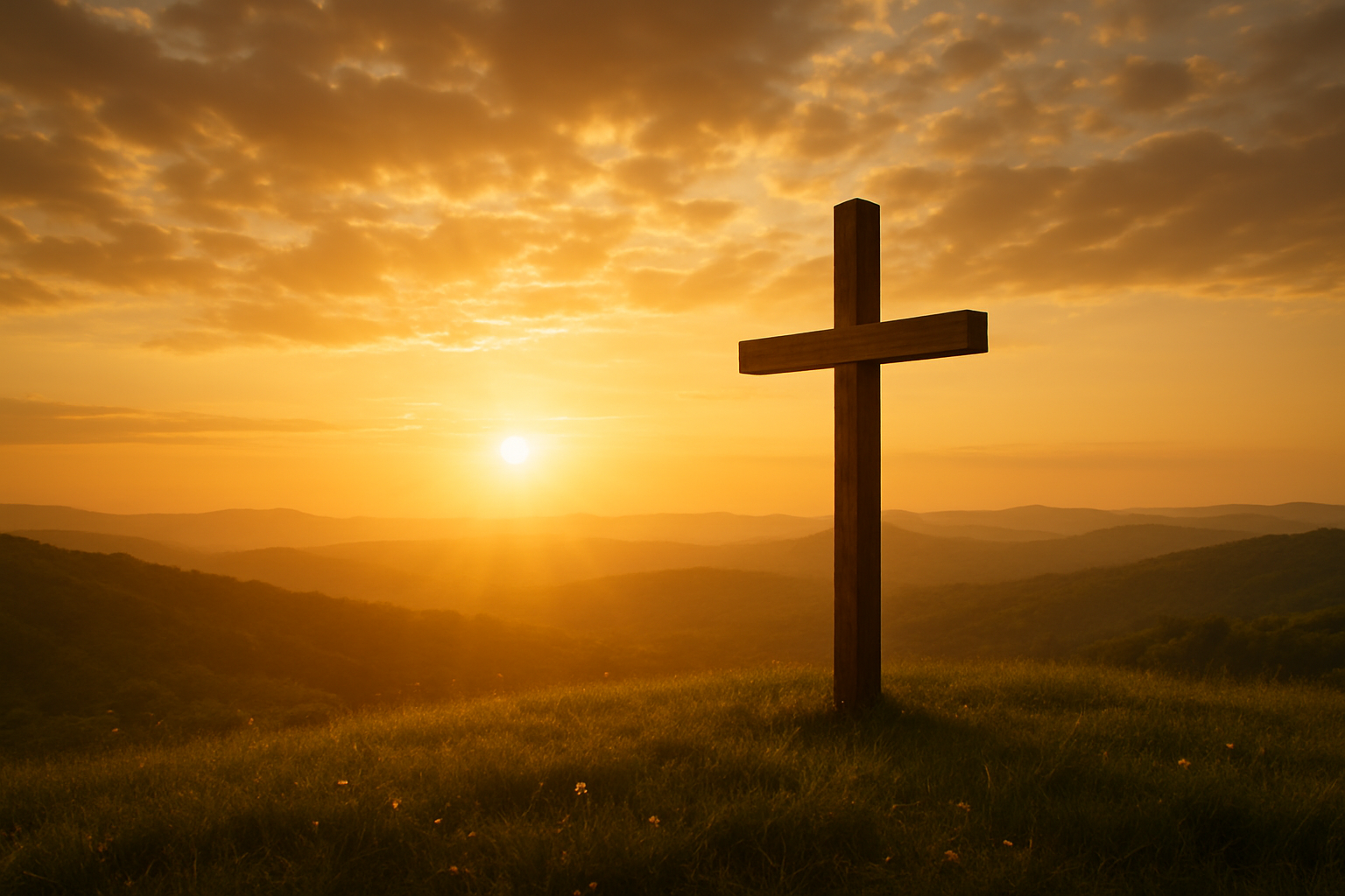 Create a realistic image of a serene sunrise scene with golden sunlight breaking through soft clouds in the sky, illuminating a simple wooden cross standing prominently on a grassy hill, with peaceful rolling hills in the background, warm golden and orange lighting creating a hopeful and contemplative atmosphere, small wildflowers scattered in the foreground grass, conveying themes of renewal, hope, and spiritual significance, absolutely NO text should be in the scene.