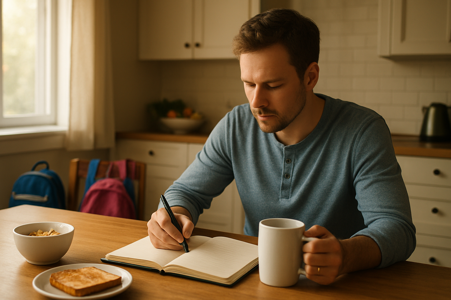 Create a realistic image of a white male father in his 30s sitting at a kitchen table with a cup of coffee, writing in a planner or journal during early morning hours, with soft natural light streaming through a window, a peaceful family kitchen setting with breakfast items nearby, warm and organized atmosphere suggesting productivity and family preparation, children's school bags and lunch boxes visible in the background, absolutely NO text should be in the scene.