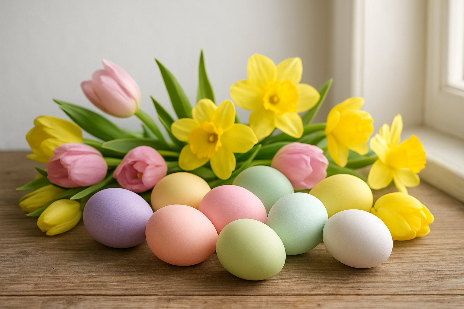 Create a realistic image of a traditional Easter color palette display featuring pastel eggs in soft purple, pink, yellow, green, and white arranged on a rustic wooden table, surrounded by fresh spring flowers like tulips and daffodils in complementary Easter colors, with natural daylight streaming through a window creating gentle shadows, set against a clean white background with subtle texture, capturing a warm and celebratory spring atmosphere, absolutely NO text should be in the scene.