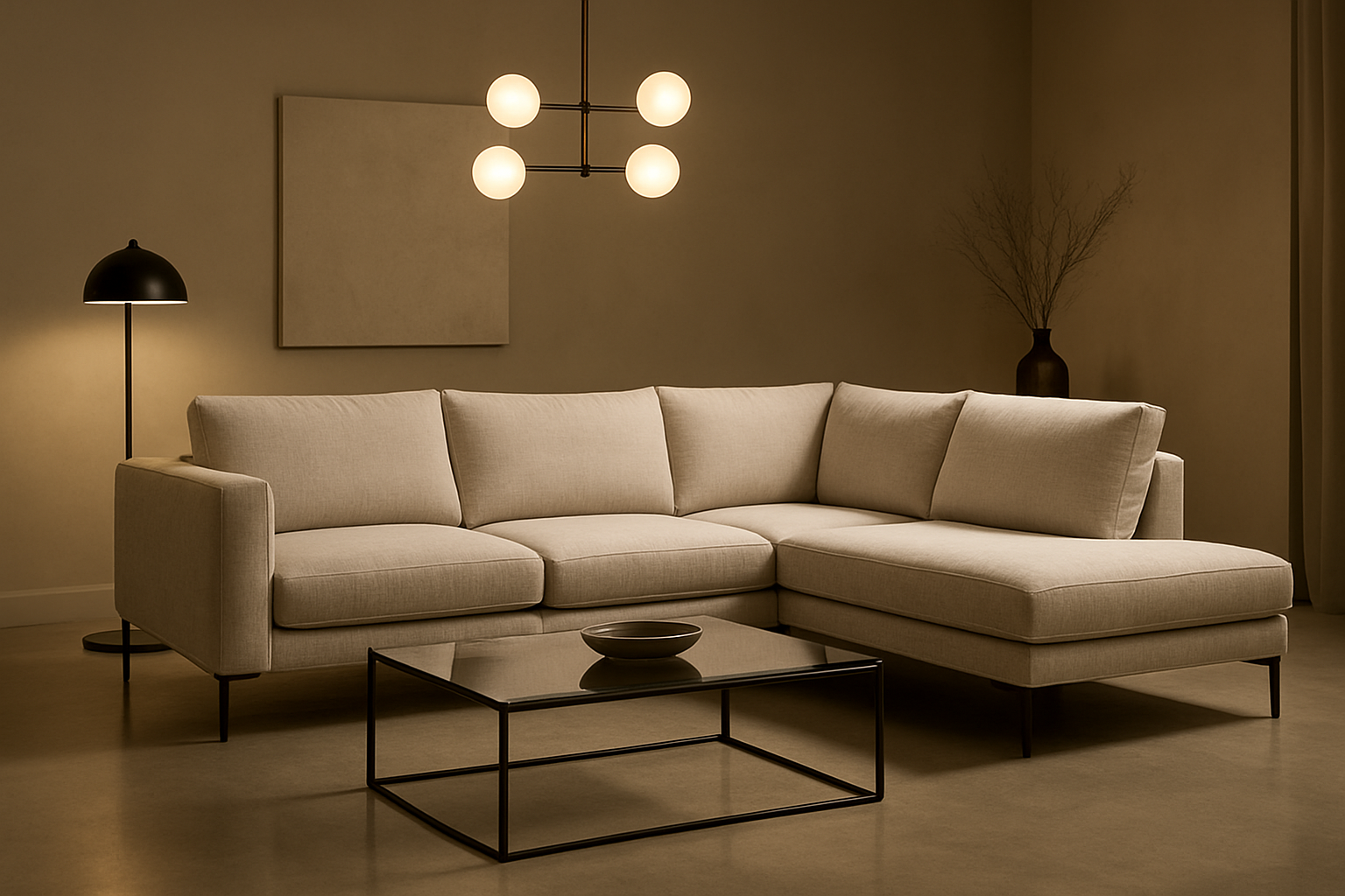 Create a realistic image of a modern custom-made sofa in a contemporary living room showroom setting, featuring a sleek L-shaped sectional sofa with clean lines, premium fabric upholstery in neutral tones, chrome or wooden legs, positioned on a polished floor with soft ambient lighting highlighting the furniture's design details, surrounded by minimalist decor elements like a glass coffee table and modern lighting fixtures, with a warm and inviting atmosphere that emphasizes luxury and customization quality, absolutely NO text should be in the scene.