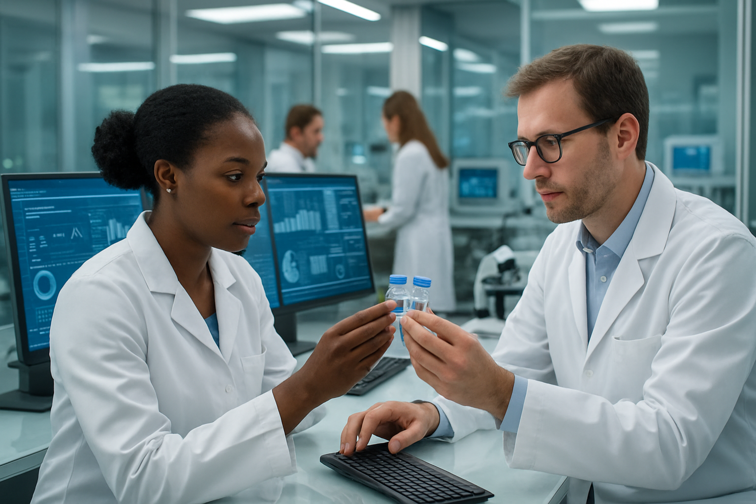 Create a realistic image of a modern medical research facility with scientists in white lab coats working with advanced computer workstations displaying data charts and graphs, featuring a diverse team including a black female researcher and a white male scientist examining vaccine vials in a high-tech laboratory setting with sleek equipment, glass surfaces, and bright LED lighting creating a professional clinical atmosphere, with microscopes and medical monitoring devices visible in the background, conveying progress and innovation in medical research, absolutely NO text should be in the scene.