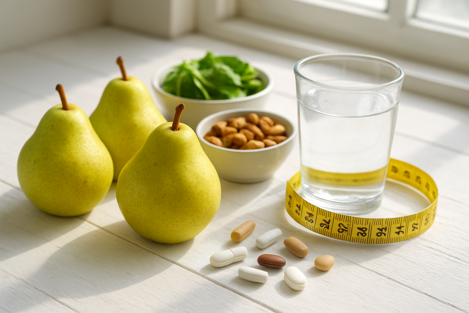 Create a realistic image of fresh, ripe pears arranged on a clean white wooden table alongside colorful nutritional elements including a glass of water, measuring tape, vitamin pills, and small bowls containing nuts and leafy greens, with natural daylight streaming through a nearby window creating soft shadows, depicting a healthy lifestyle concept focused on the dietary benefits of pears, shot from a slightly elevated angle with bright, clean lighting that emphasizes the natural textures and vibrant colors of the fruit and healthy foods. Absolutely NO text should be in the scene.
