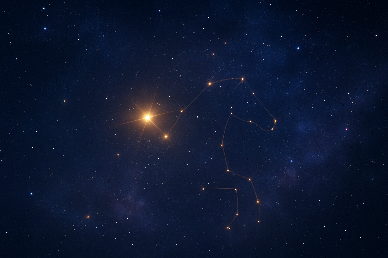 Create a realistic image of a beautiful celestial scene showing the Ashwini nakshatra constellation with bright twin stars prominently displayed in a deep blue night sky, surrounded by other twinkling stars and cosmic elements, with a mystical aura and soft golden light emanating from the constellation, featuring symbolic elements like a horse head silhouette subtly formed by the star pattern, and gentle nebula clouds in purple and blue hues creating a magical astronomical atmosphere, shot with professional astrophotography lighting that highlights the constellation