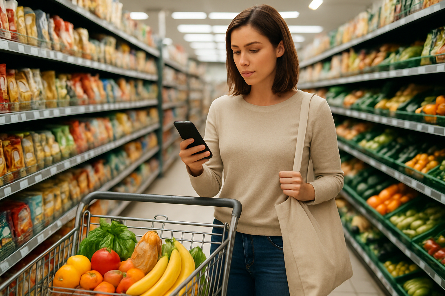 Create a realistic image of a busy white female shopper in her 30s standing in a grocery store aisle holding a smartphone in one hand and a reusable shopping bag in the other, surrounded by organized shelves filled with colorful packaged foods and fresh produce, with a modern shopping cart nearby containing neatly arranged groceries, bright fluorescent store lighting creating a clean and efficient atmosphere, conveying a sense of purposeful and strategic shopping, absolutely NO text should be in the scene.