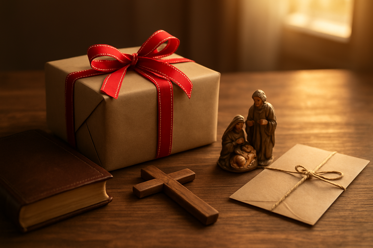 Create a realistic image of a beautifully wrapped Christmas gift box sitting on a wooden table with Christian-themed items surrounding it including a leather-bound Bible, a wooden cross, a handmade charity donation envelope, and a small nativity figurine, with warm golden lighting from a nearby window creating a peaceful and purposeful atmosphere, shot from a slightly elevated angle to show the meaningful arrangement of Christ-centered gift ideas, absolutely NO text should be in the scene.