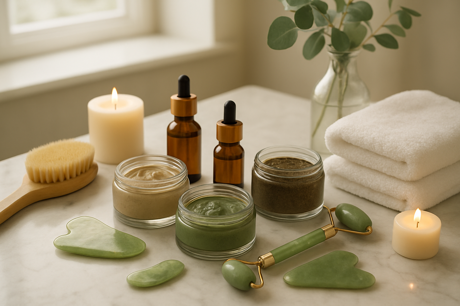 Create a realistic image of a serene spa-like bathroom setting with luxury skincare products arranged for weekly deep treatment, featuring glass jars of face masks, essential oil bottles, jade rollers, gua sha tools, and exfoliating brushes elegantly displayed on a marble countertop, with soft white towels folded nearby, natural lighting streaming through a window, candles providing ambient warmth, and fresh eucalyptus branches adding a spa atmosphere, shot from a slightly elevated angle to showcase the complete ritual setup, absolutely NO text should be in the scene.