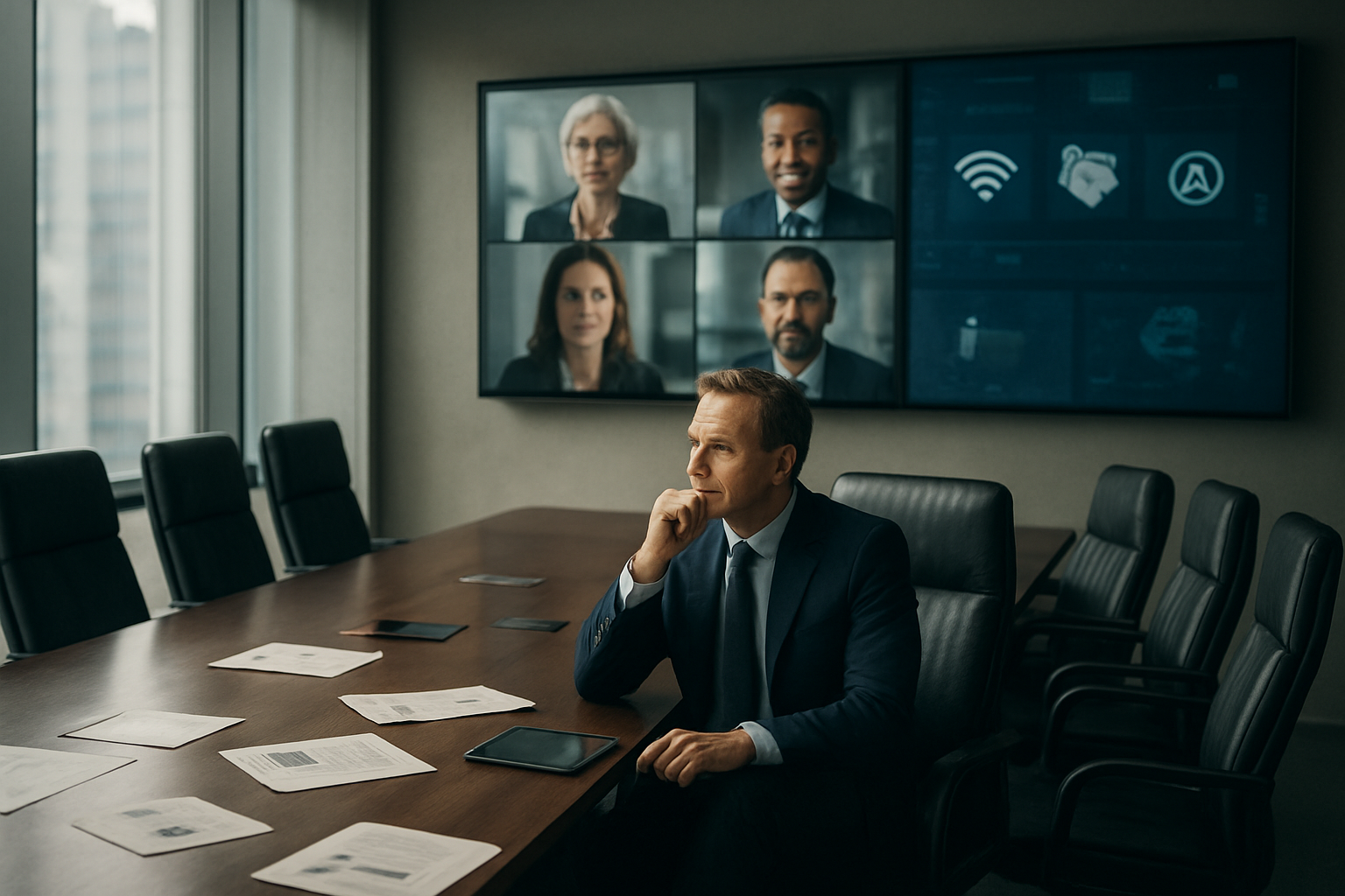 Create a realistic image of a modern corporate boardroom with a large conference table where a white male CEO in a business suit sits contemplatively looking at multiple screens displaying video content and partnership logos, with empty chairs around the table suggesting recent departures, soft natural lighting from large windows creating a somber yet professional atmosphere, scattered documents and tablets on the table indicating strategic discussions, and a subtle backdrop of technology company logos and digital interface elements, conveying the weight of difficult business decisions and strategic pivots, absolutely NO text should be in the scene.