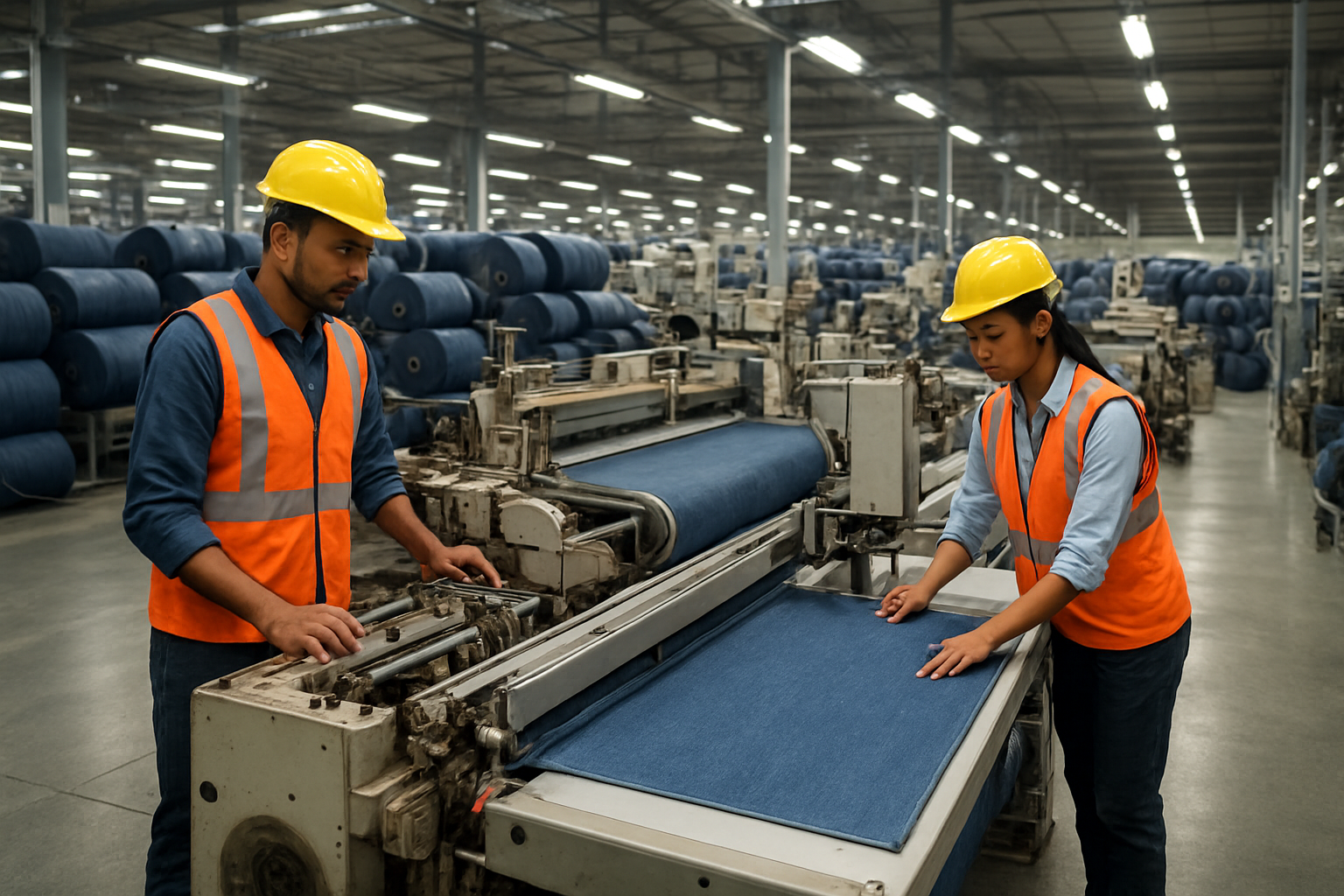 Create a realistic image of a modern Indian textile manufacturing facility specializing in denim production, featuring large industrial weaving machines and cutting equipment processing blue denim fabric, with South Asian male and female workers in safety gear operating the machinery, rolls of raw denim material stacked in the background, bright industrial lighting illuminating the organized factory floor, conveying efficiency and large-scale manufacturing capability, absolutely NO text should be in the scene.