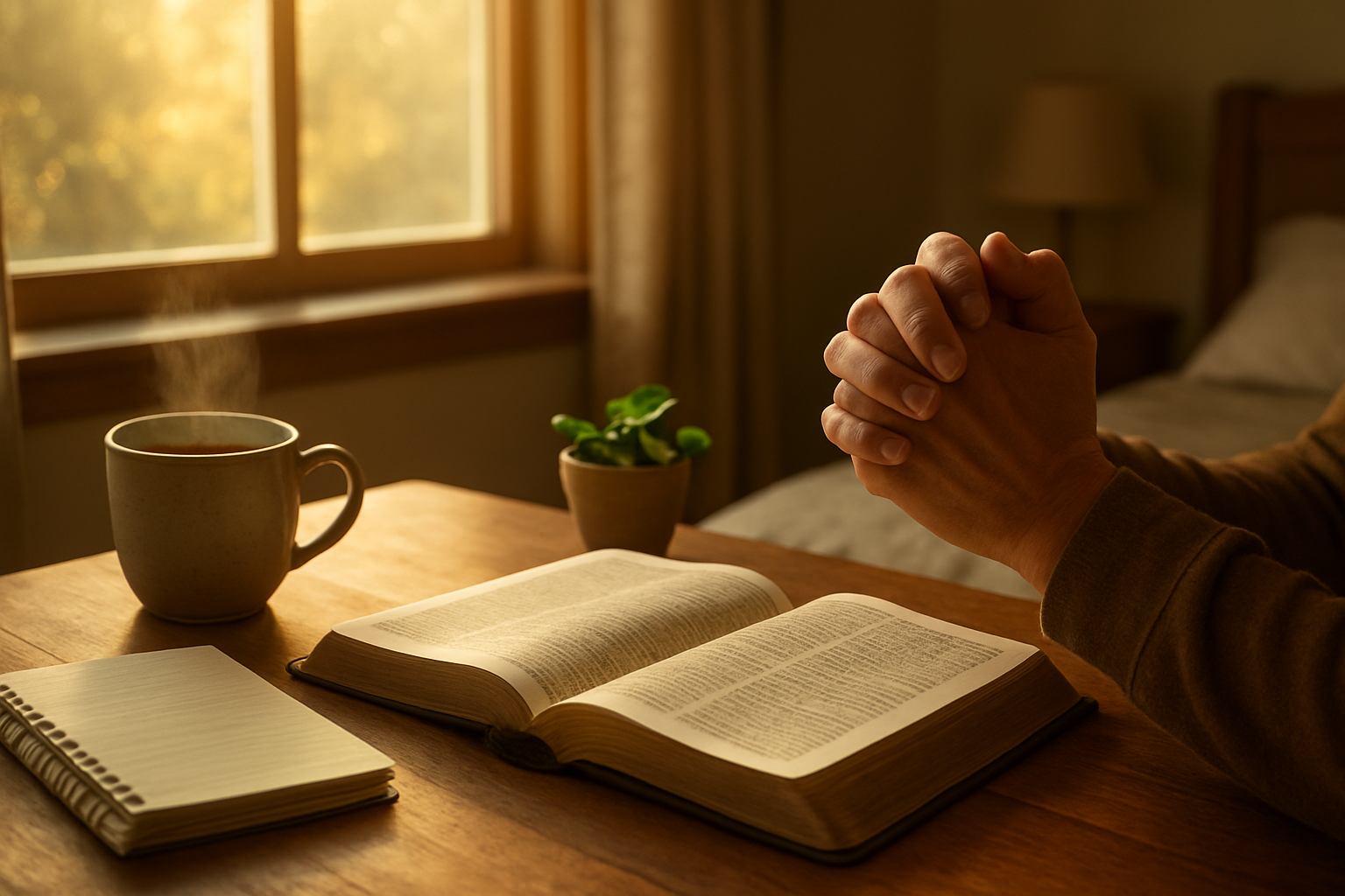 Create a realistic image of a peaceful morning scene featuring an open Bible and journal on a wooden table next to a window with soft golden sunlight streaming through, surrounded by a steaming cup of coffee, a small potted plant, and hands folded in prayer position, with a serene bedroom or study room background that conveys spiritual reflection and new beginnings, captured in warm natural lighting that creates a hopeful and contemplative atmosphere. Absolutely NO text should be in the scene.