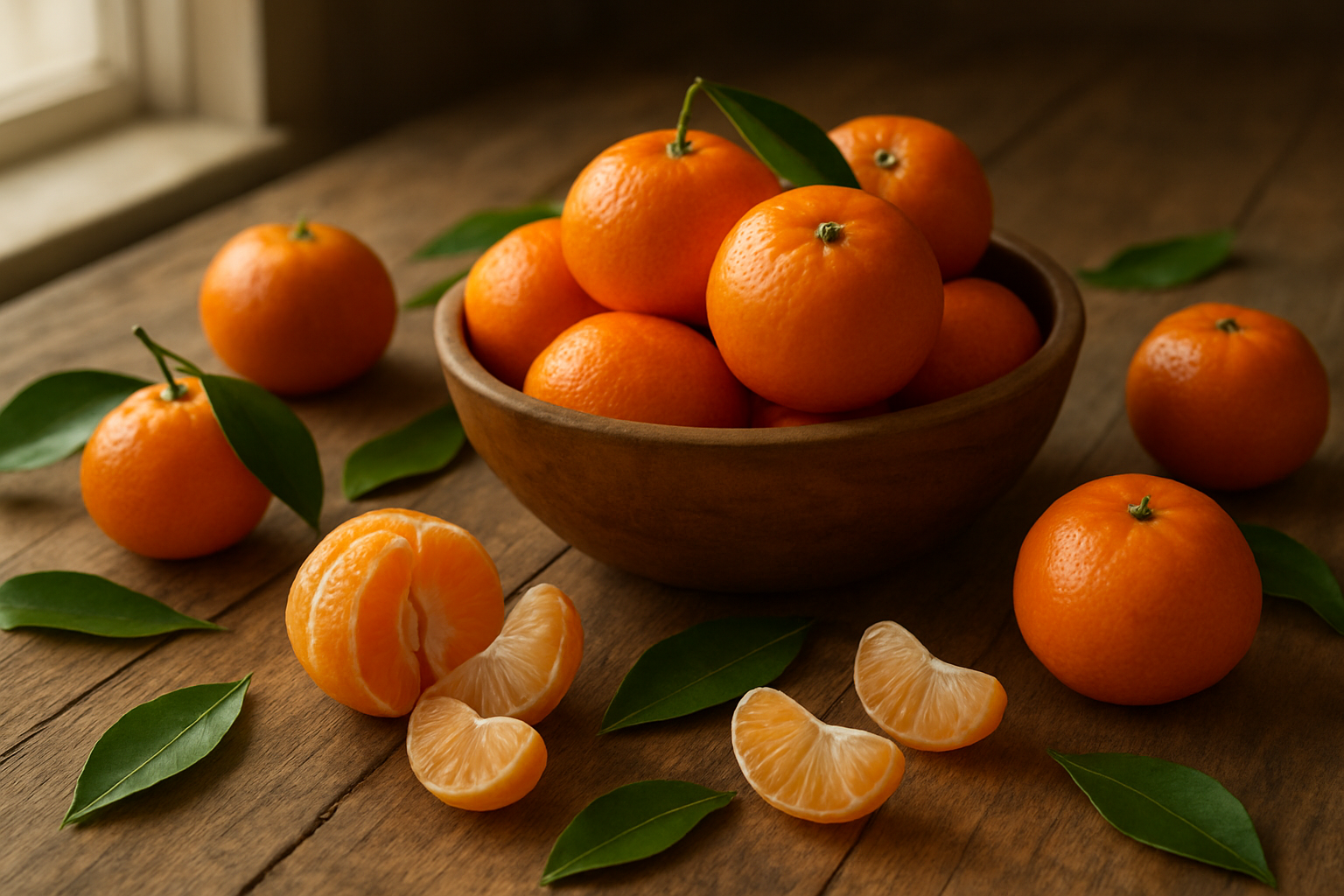 Create a realistic image of fresh clementines arranged on a rustic wooden table with some peeled clementine segments, green leaves scattered around, a small wooden bowl filled with whole clementines, soft natural lighting streaming from a window creating gentle shadows, warm and inviting atmosphere that captures the essence of this sweet citrus fruit's journey from nature to table, absolutely NO text should be in the scene.